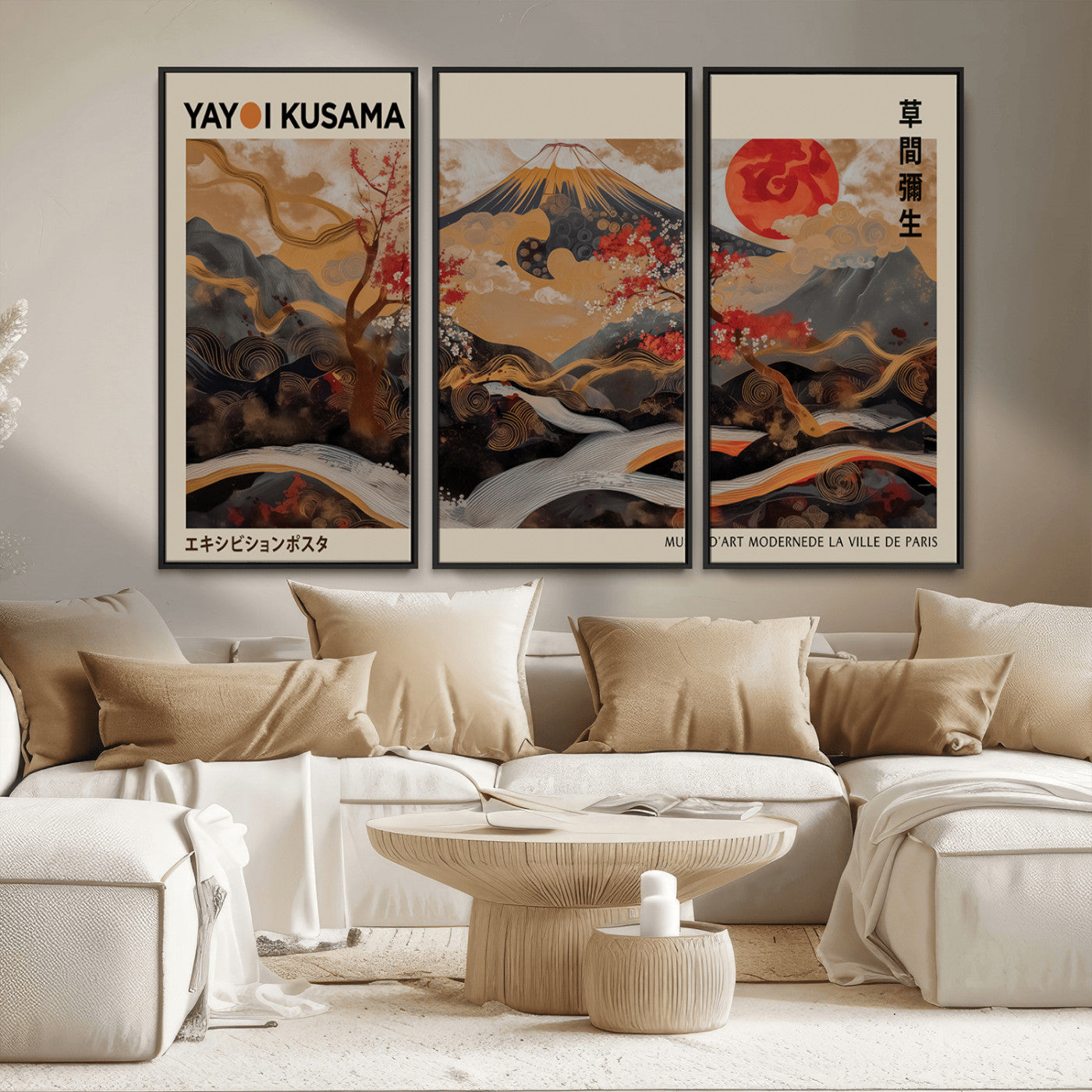 MGV-FC-48X32-3P - Modern Japanese Wall Art Print Yayoi Kusama Canvas Wall Art Abstract Mount Fuji Canvas Print