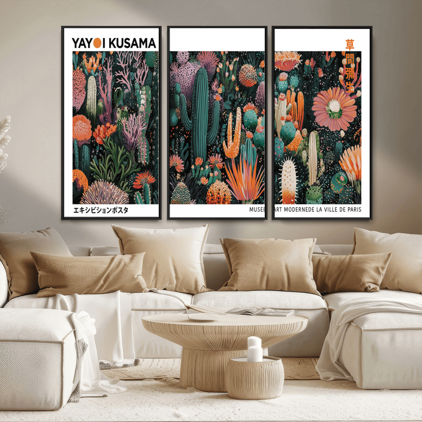 MGV-FC-48X32-3P - Modern Japanese Wall Art Print, Yayoi Kusama Print Wall Decor, Abstract Mount Fuji Canvas Print,