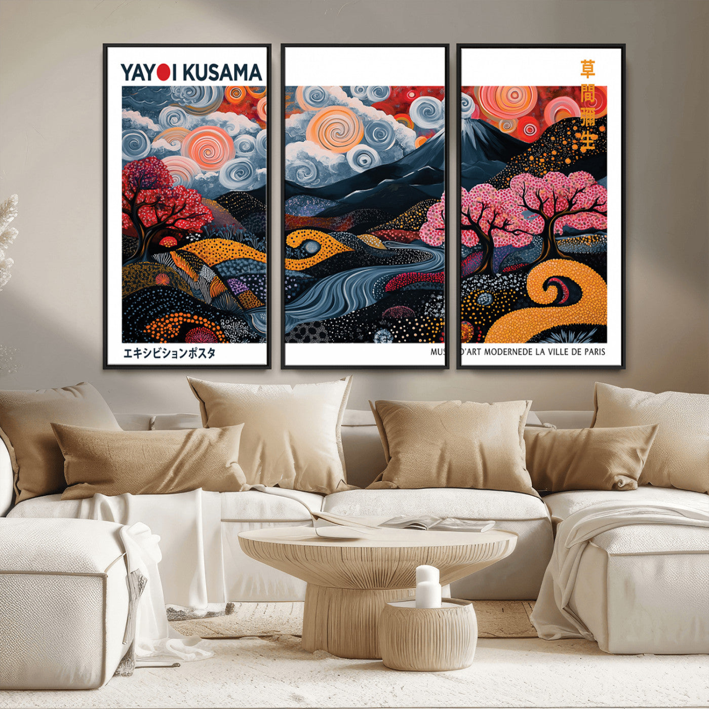 MGV-FC-48X32-3P - Modern Japanese Wall Art Print Yayoi Kusama Canvas Wall Art Abstract Mount Fuji Canvas Print