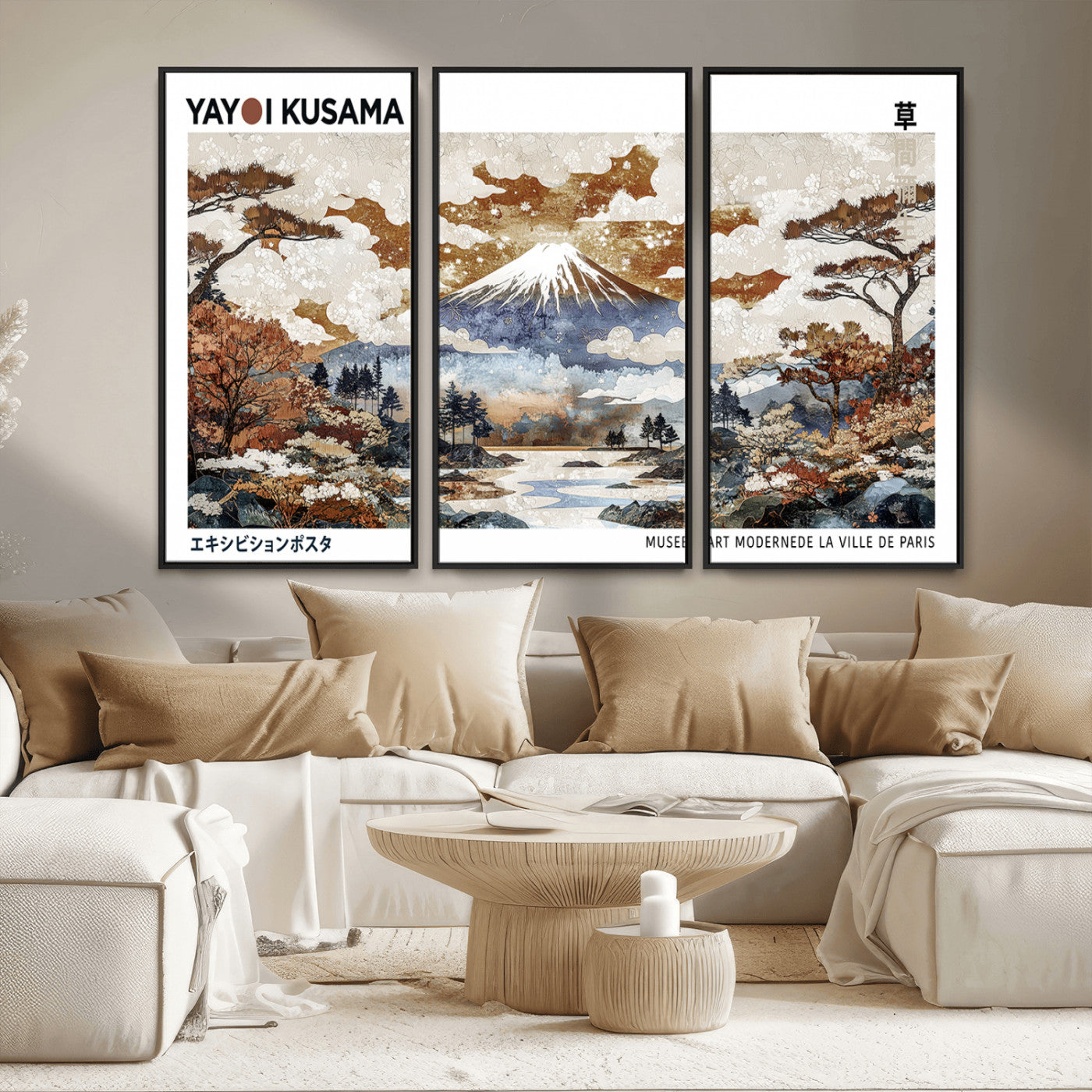 MGV-FC-48X32-3P - Modern Japanese Wall Art Print Yayoi Kusama Canvas Wall Art Abstract Mount Fuji Canvas Print
