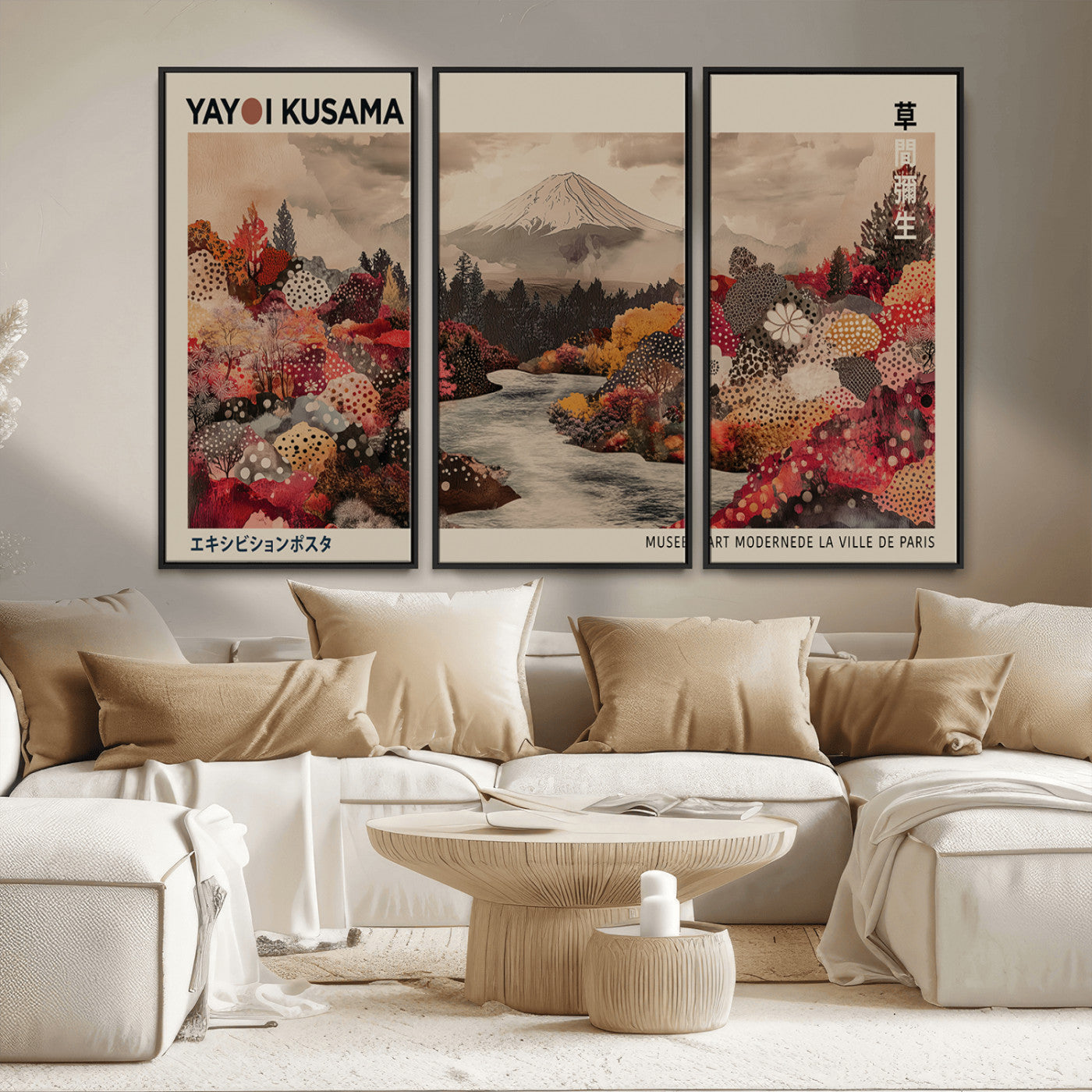 MGV-FC-48X32-3P - Modern Japanese Wall Art Print Yayoi Kusama Canvas Wall Art Abstract Mount Fuji Canvas Print