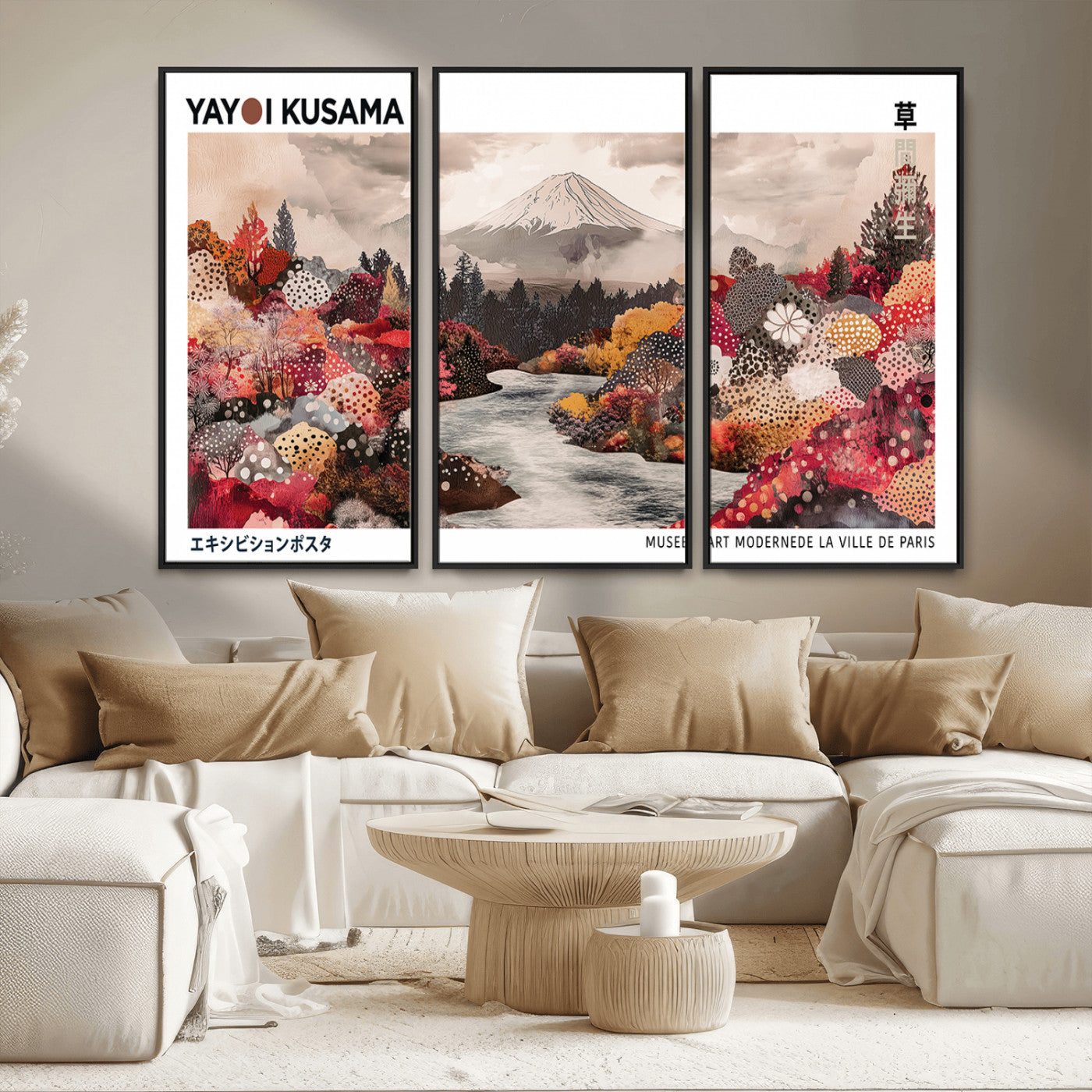 MGV-FC-48X32-3P - Modern Japanese Wall Art Print, Yayoi Kusama Canvas Wall Art, Abstract Mount Fuji Art Canvas Print,