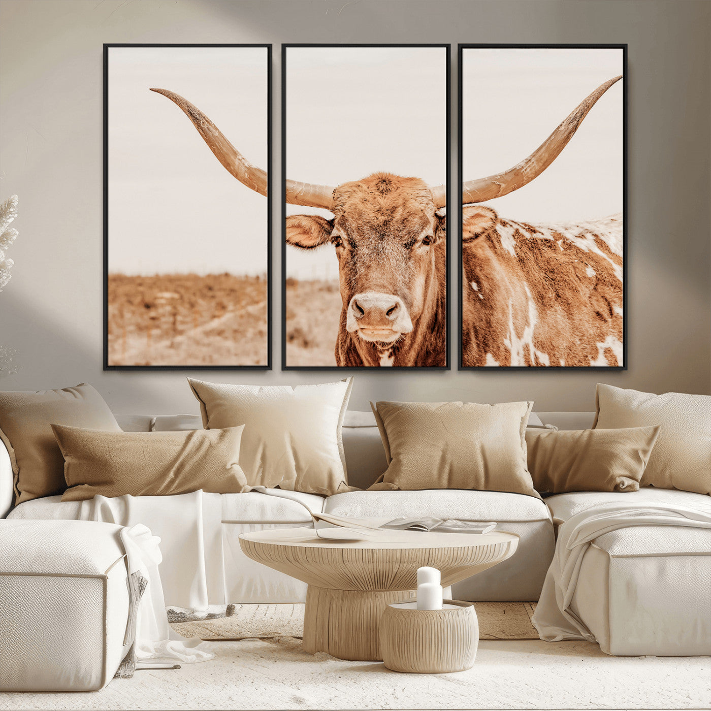 MGV-FC-48X32-3P - Longhorn Bull Wall Art Canvas Print, Framed Western Cow Art Picture Print, Rustic Farmhouse Perfect Neutral Farmhouse Decor Artwork