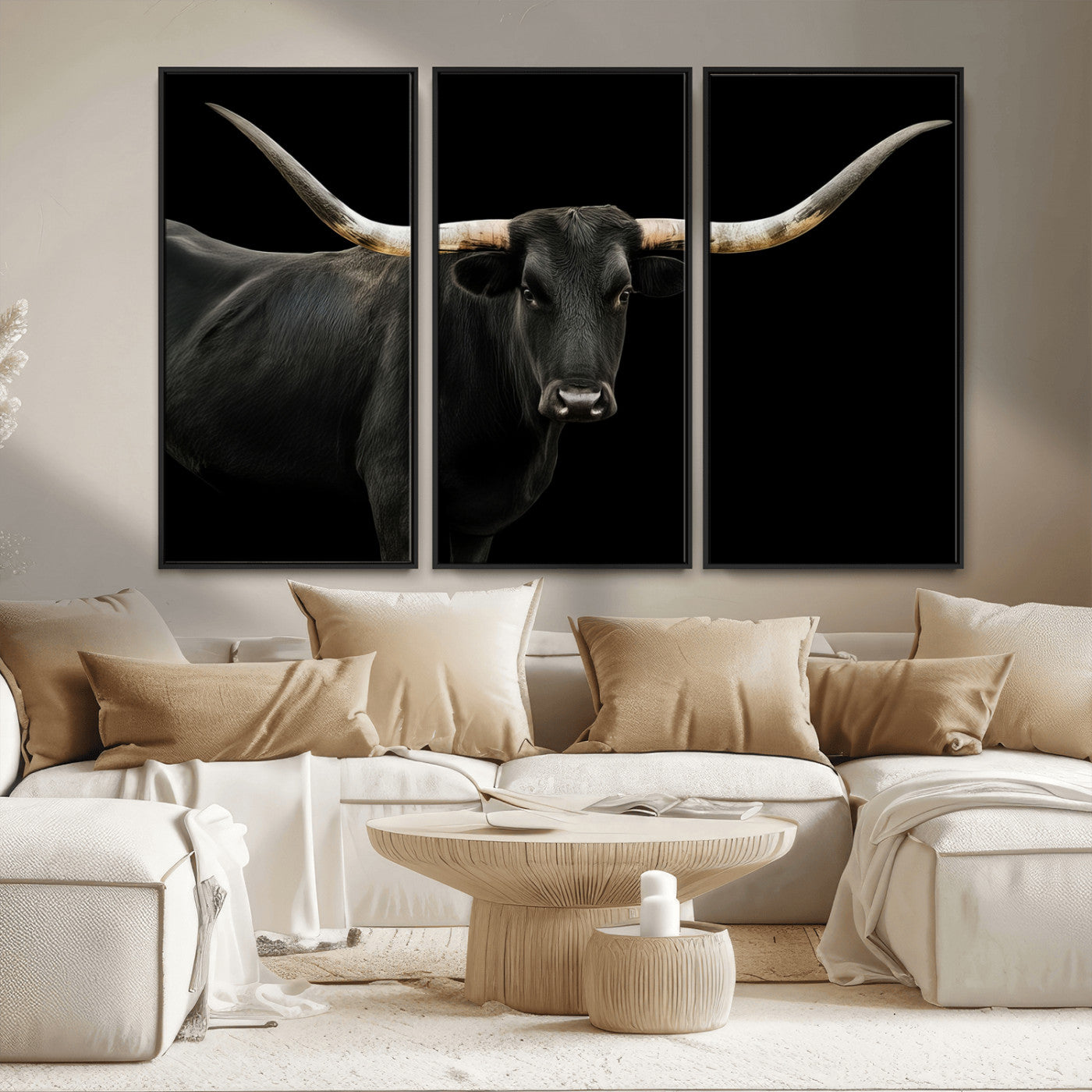 MGV-FC-48X32-3P - Texas Longhorn Wall Art Canvas Print, Framed Rustic Western Art Picture Print, Farmhouse Animal Perfect Modern Western Minimalist Decor Artwork