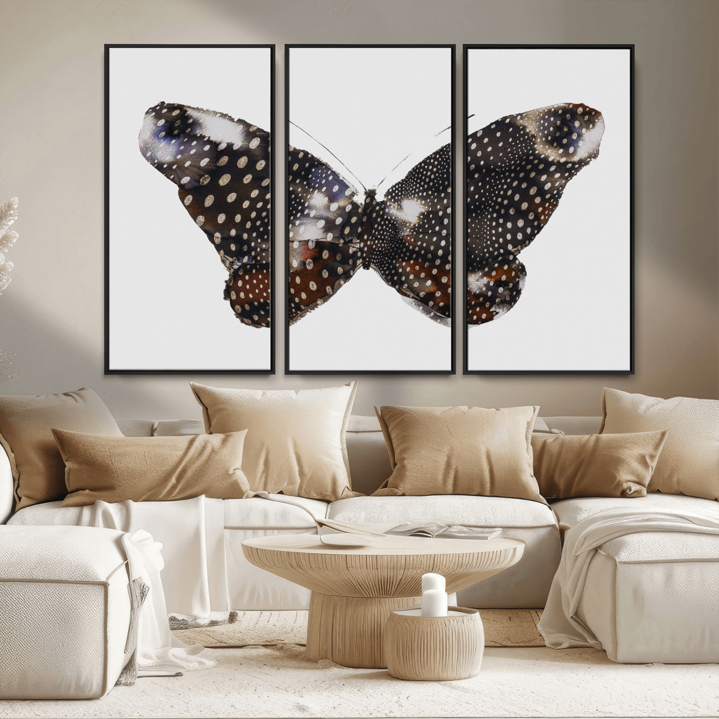 MGV-FC-48X32-3P - Spotted Butterfly Wall Art Canvas Print, Framed Neutral Insect Theme Art Picture Print, Earthy Wing Pattern Perfect Modern Rustic Decor Artwork