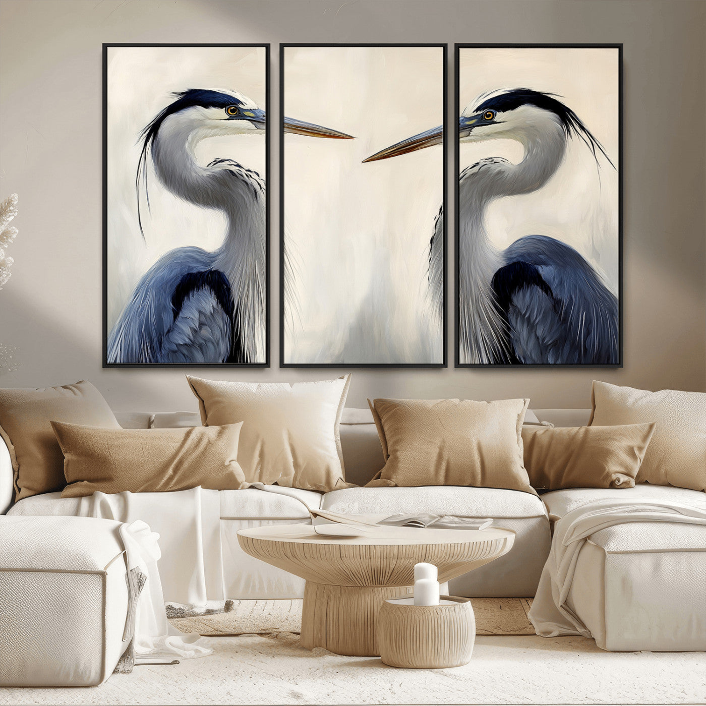 MGV-FC-48X32-3P - Blue Heron Pair Wall Art Canvas Print, Framed Coastal Bird Theme Art Picture Print, Tranquil Wildlife Scene Perfect Coastal Minimalist Decor Artwork