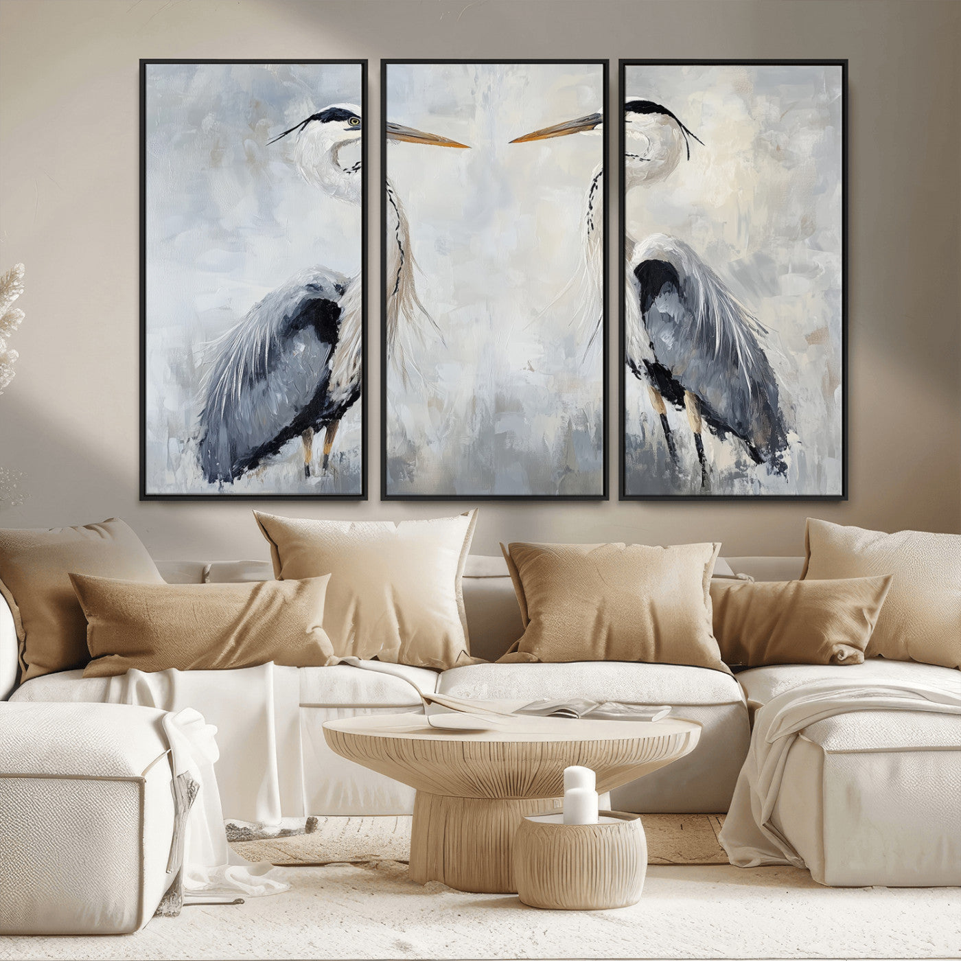 MGV-FC-48X32-3P - Heron Wall Art Wall Art Canvas Print, Framed Bird Canvas Decor Art Picture Print, Nature Inspired Perfect Coastal Minimalist Decor Artwork