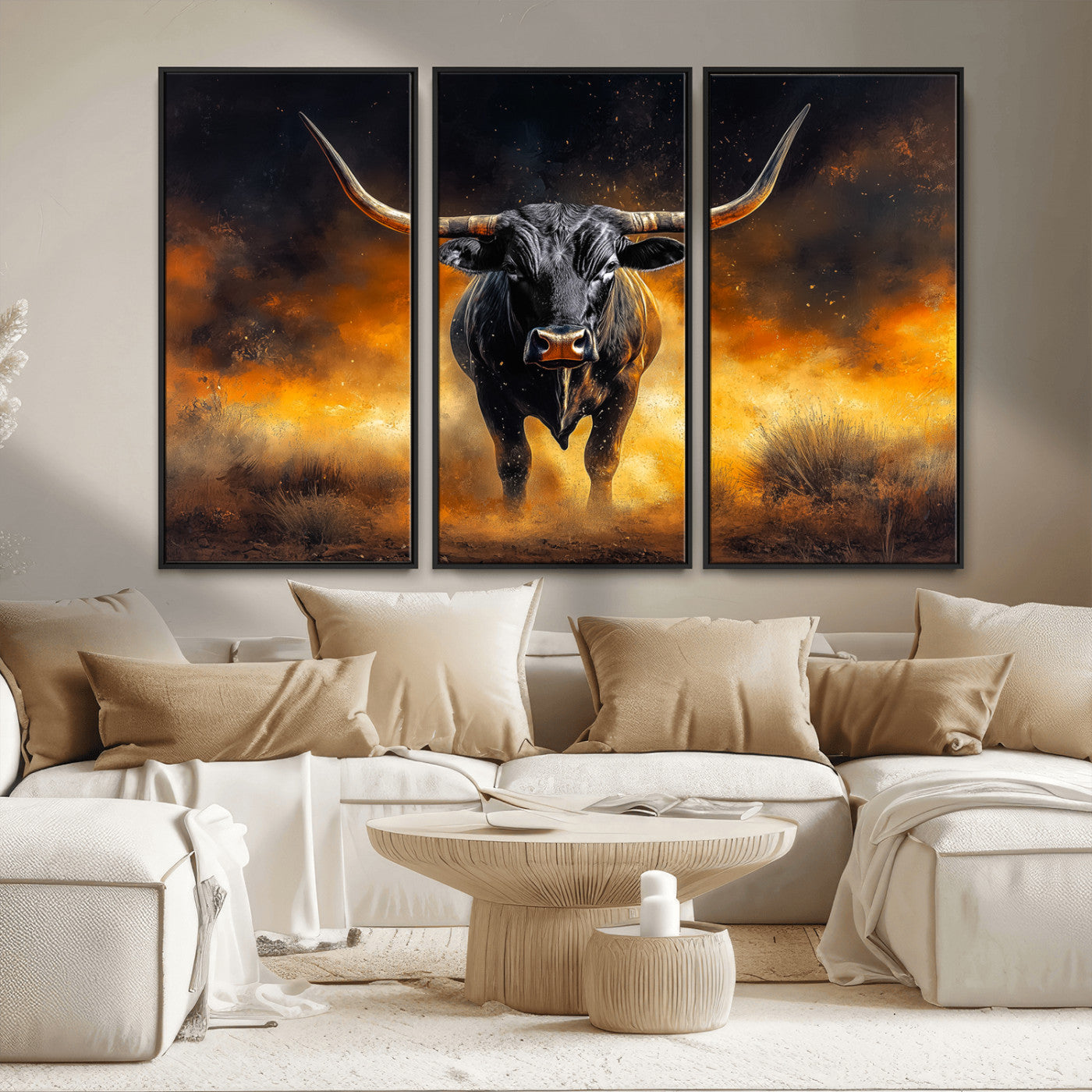 MGV-FC-48X32-3P - Longhorn Canvas Wall Art Canvas Print, Framed Bold Bull Wall Art Art Picture Print, Western Animal Decor Perfect Western Dramatic Decor Artwork