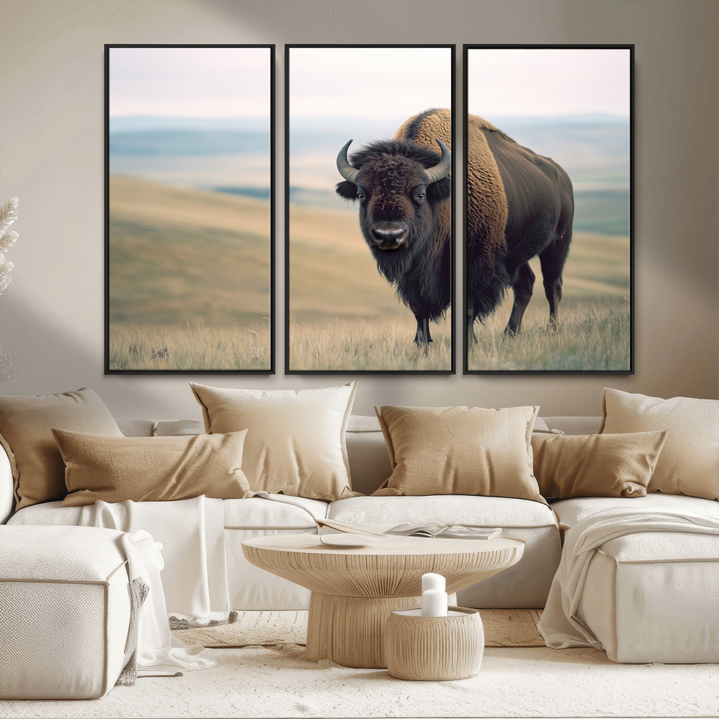 MGV-FC-48X32-3P - Bison Wall Art Wall Art Canvas Print, Framed Buffalo Canvas Print Art Picture Print, American Bison Decor Perfect Rustic Western Decor Artwork