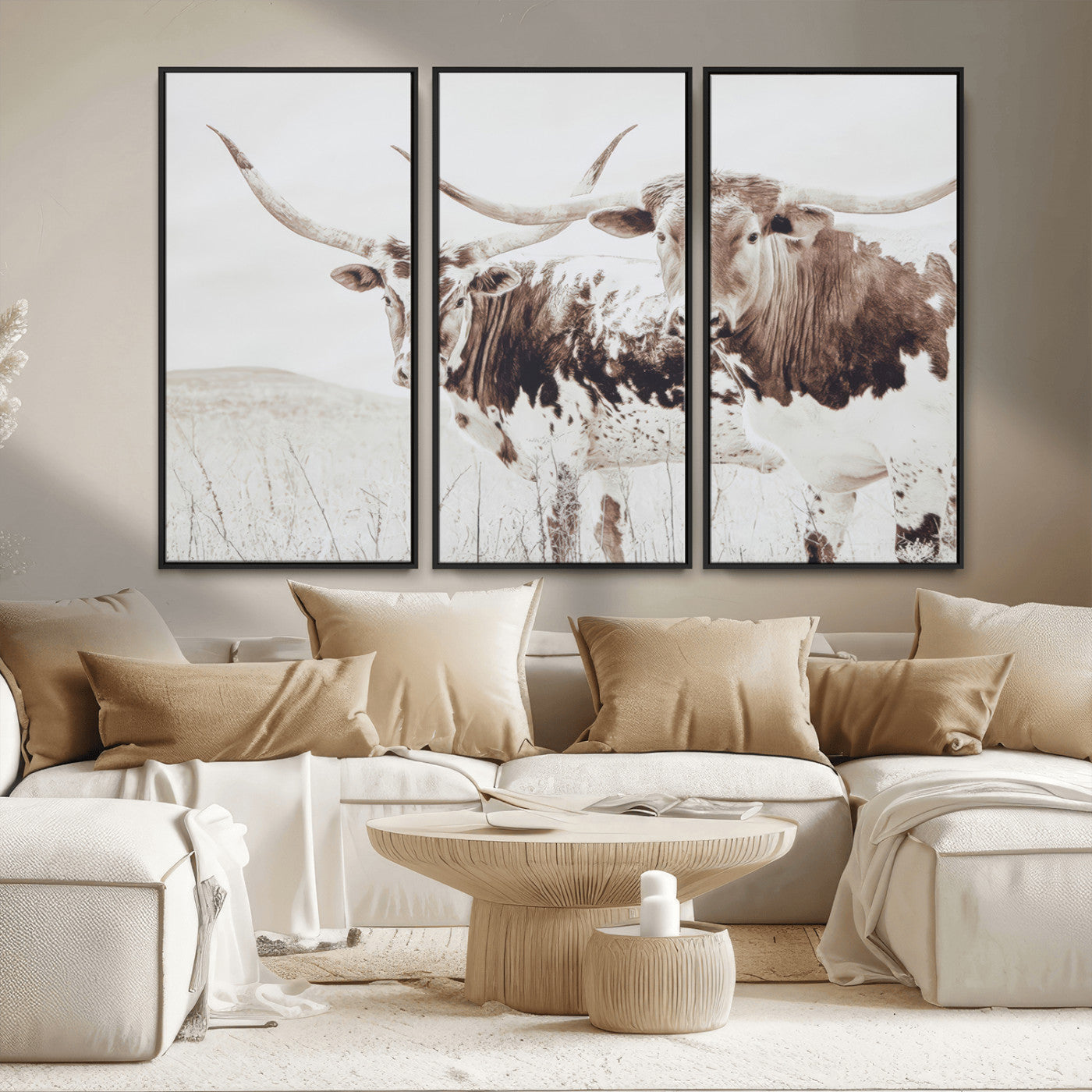 MGV-FC-48X32-3P - Longhorn Wall Art Wall Art Canvas Print, Framed Western Cow Canvas Art Picture Print, Rustic Farm Decor Perfect Rustic Farmhouse Decor Artwork