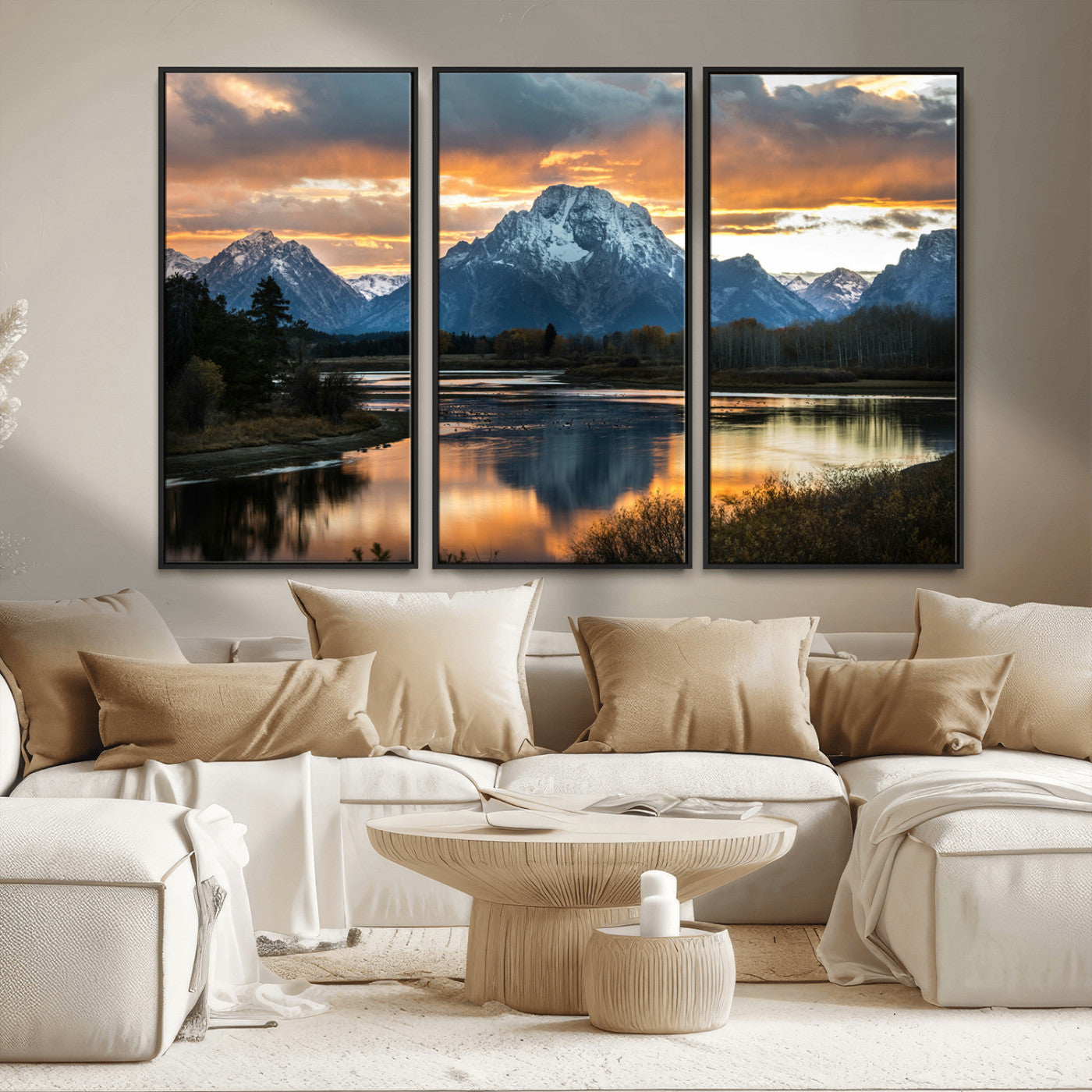 MGV-FC-48X32-3P - Mountain Sunset Wall Art Canvas Print, Framed Alpine Wilderness Art Picture Print, Golden Hour Perfect Wilderness Decor Artwork