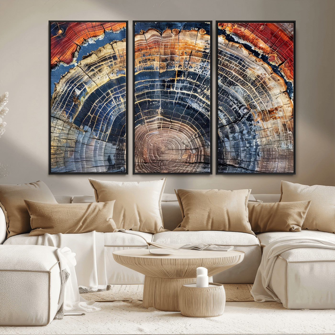 MGV-FC-48X32-3P - Tree Rings Wall Art Canvas Print, Framed Wood Texture Art Picture Print, Petrified Wood Perfect Modern Rustic Decor Artwork