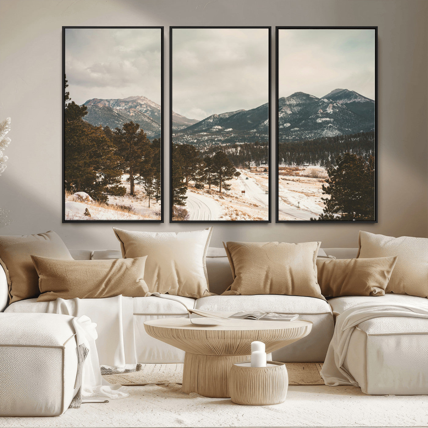 MGV-FC-48X32-3P - Mountain Landscape Wall Art Canvas Print, Framed Snowy Peaks Art Picture Print, Alpine Aesthetic Perfect Rustic Winter Decor Artwork