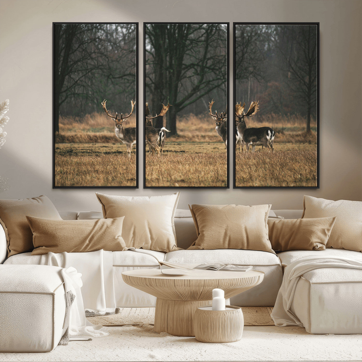 MGV-FC-48X32-3P - Deer Photography Wall Art Canvas Print, Framed Rustic Wildlife Art Picture Print, Stags In Forest Perfect Rustic Wilderness Decor Artwork