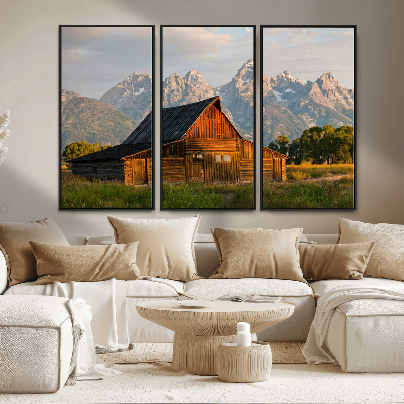 MGV-FC-48X32-3P - Rustic Barn Wall Art Canvas Print, Framed Western Landscape Art Picture Print, Farmhouse Style Perfect Rustic Farmhouse Decor Artwork