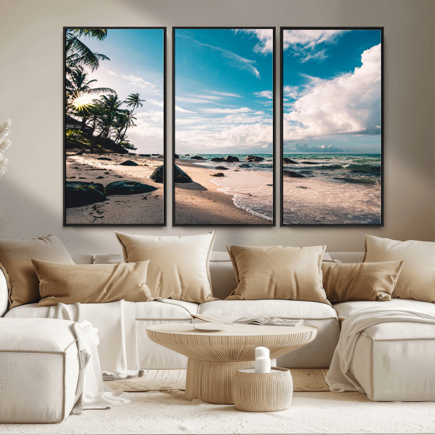 MGV-FC-48X32-3P - Tropical Beach Wall Art Canvas Print, Framed Ocean Waves Art Picture Print, Relazxing Seascape Perfect Tropical Coastal Decor Artwork