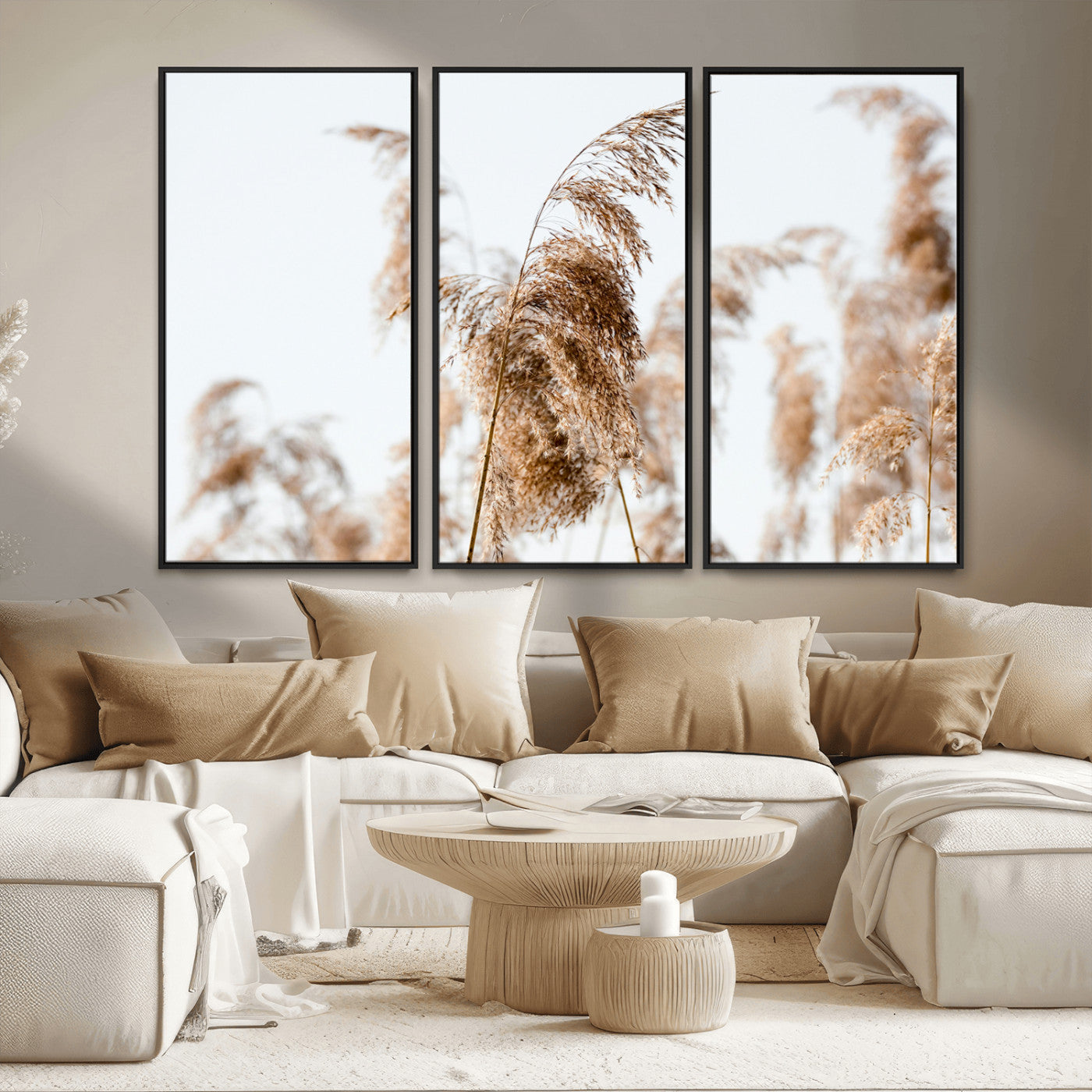 MGV-FC-48X32-3P - Pampas Grass Wall Art Canvas Print, Framed Neutral Tones Art Picture Print, Minimalist Nature Perfect Boho Decor Artwork