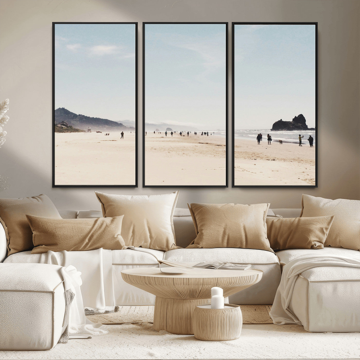 MGV-FC-48X32-3P - Minimalist Beach Wall Art Canvas Print, Framed Coastal Serenity Art Picture Print, Soft Sand Perfect Coastal Decor Artwork