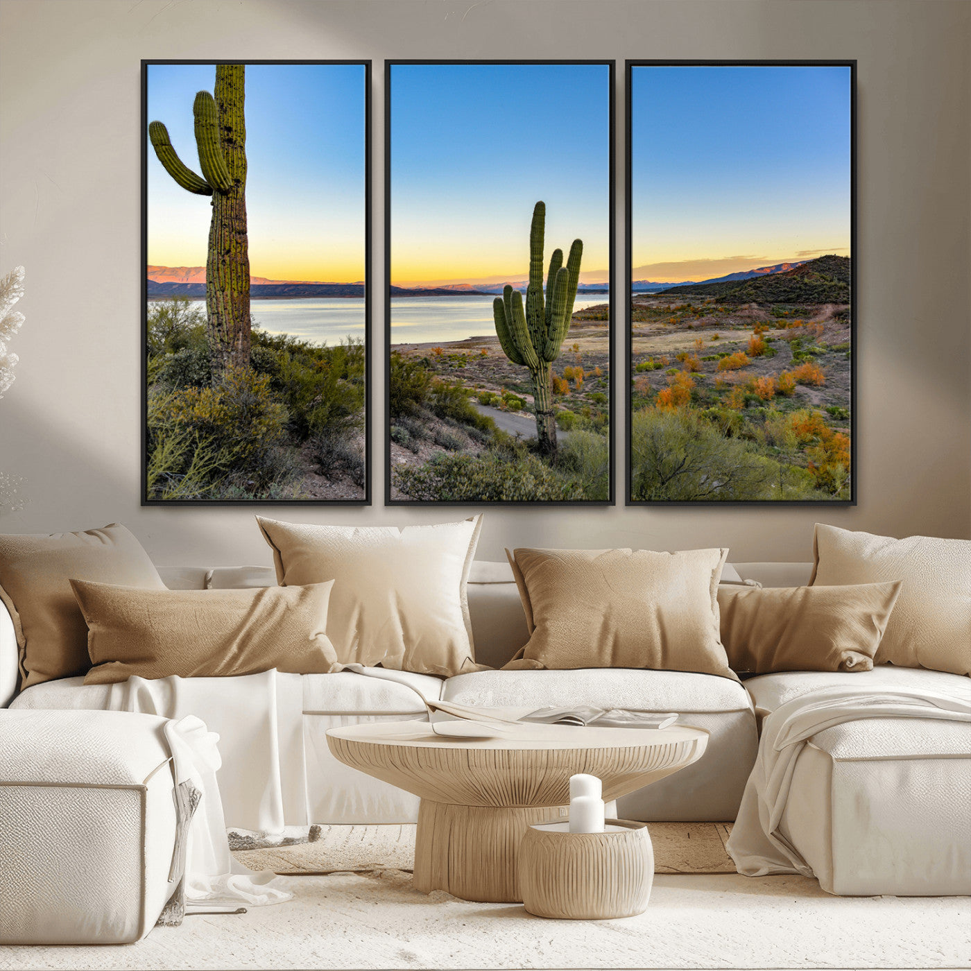 MGV-FC-48X32-3P - Saguaro Cactus Wall Art Canvas Print, Framed Desert Sunset Art Picture Print, Southwestern Perfect Southwestern Decor Artwork