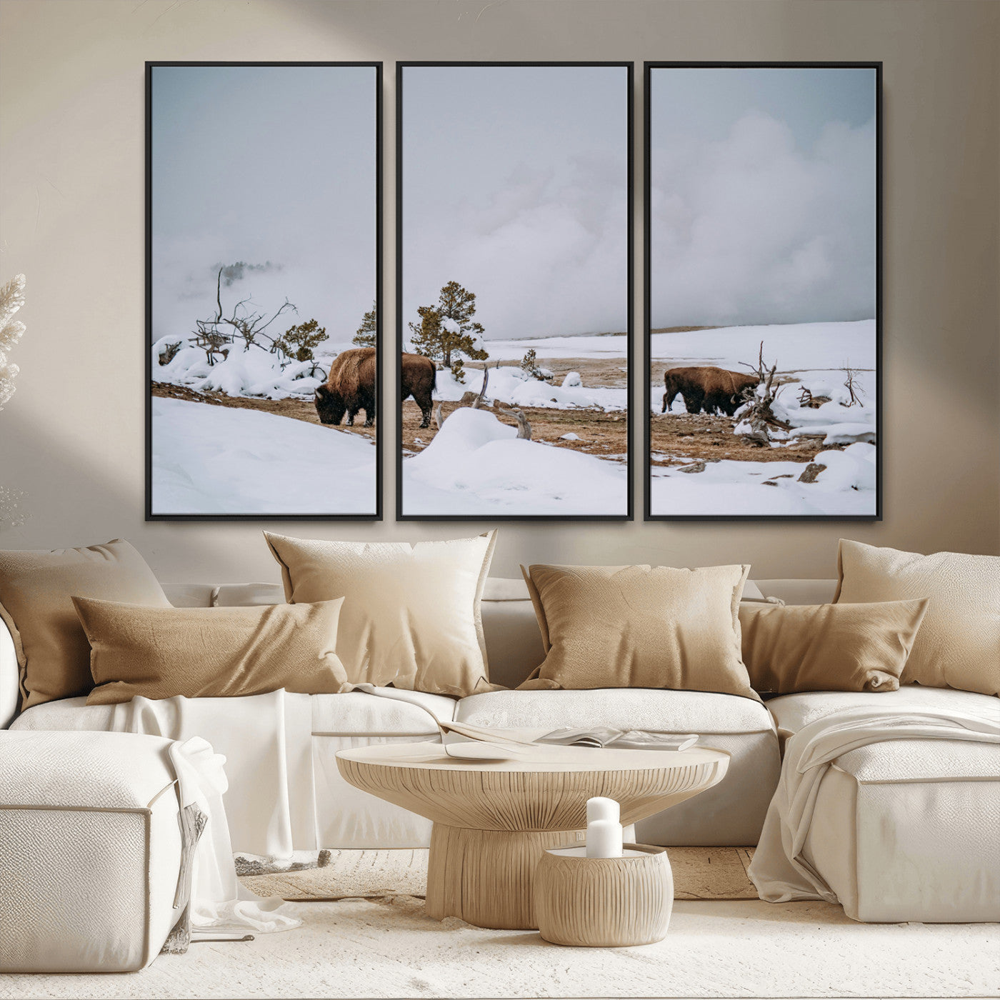 MGV-FC-48X32-3P - Bison Wildlife Wall Art Canvas Print, Framed Snowy Prairie Art Picture Print, Western Perfect Rustic Decor Artwork