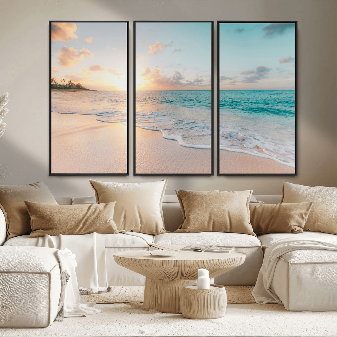 MGV-FC-48X32-3P - Beach Sunset Wall Art Canvas Print, Framed Ocean Waves Art Picture Print, Summer Escape Perfect Coastal Decor Artwork