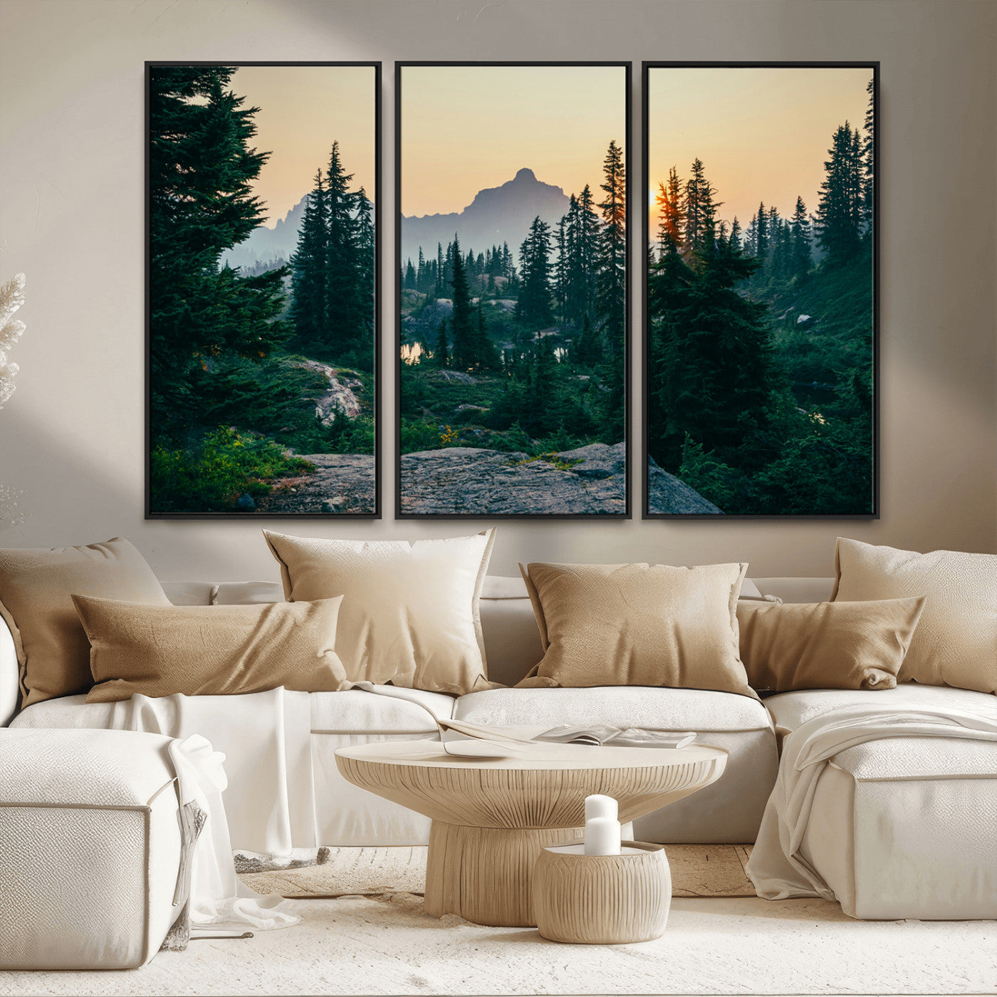 MGV-FC-48X32-3P - Mountain Wall Art Canvas Print, Framed Forest Serenity Art Picture Print, Mountain Perfect Rustic Decor Artwork
