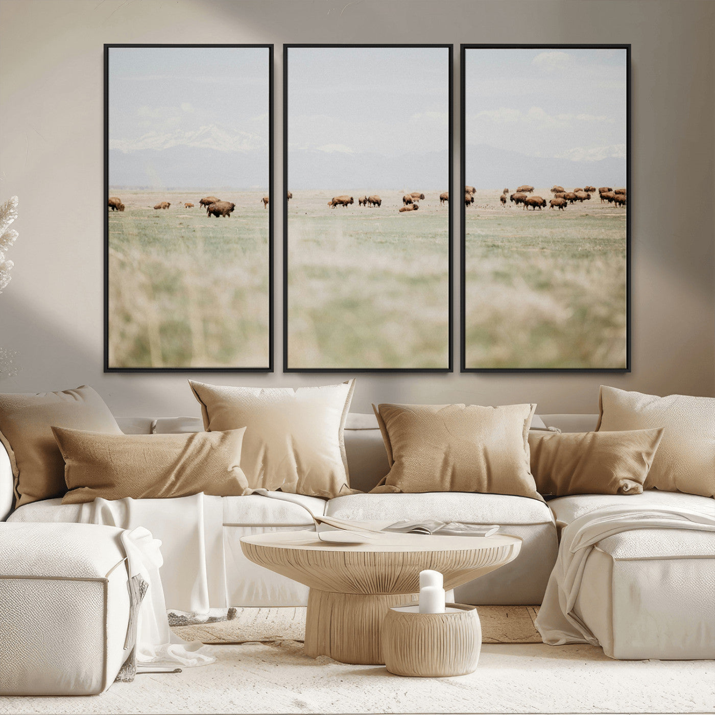 MGV-FC-48X32-3P - Bison Herd Wall Art Canvas Print, Framed Western Art Picture Print, Bison Perfect Ranch Decor Artwork