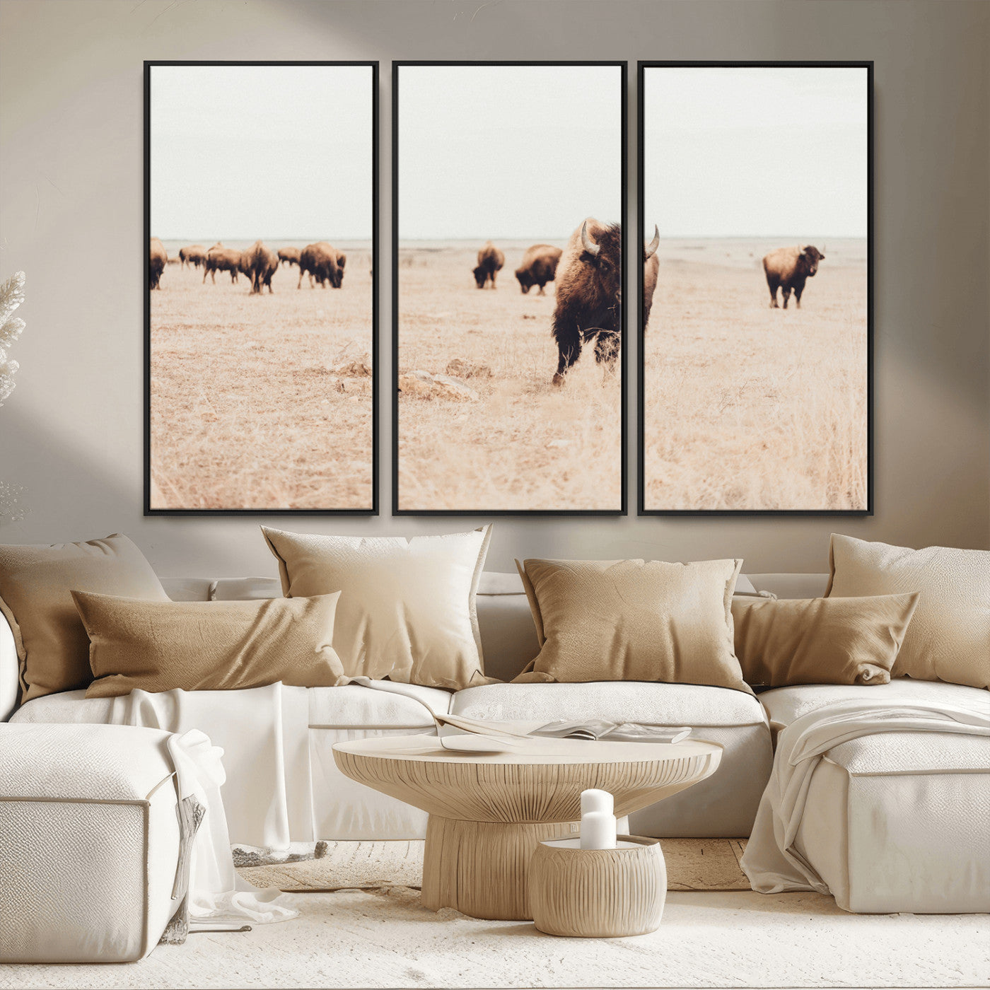 MGV-FC-48X32-3P - Bison Herd Wall Art Canvas Print, Framed Western Art Picture Print, Prairie Serenity Perfect Ranch Decor Artwork