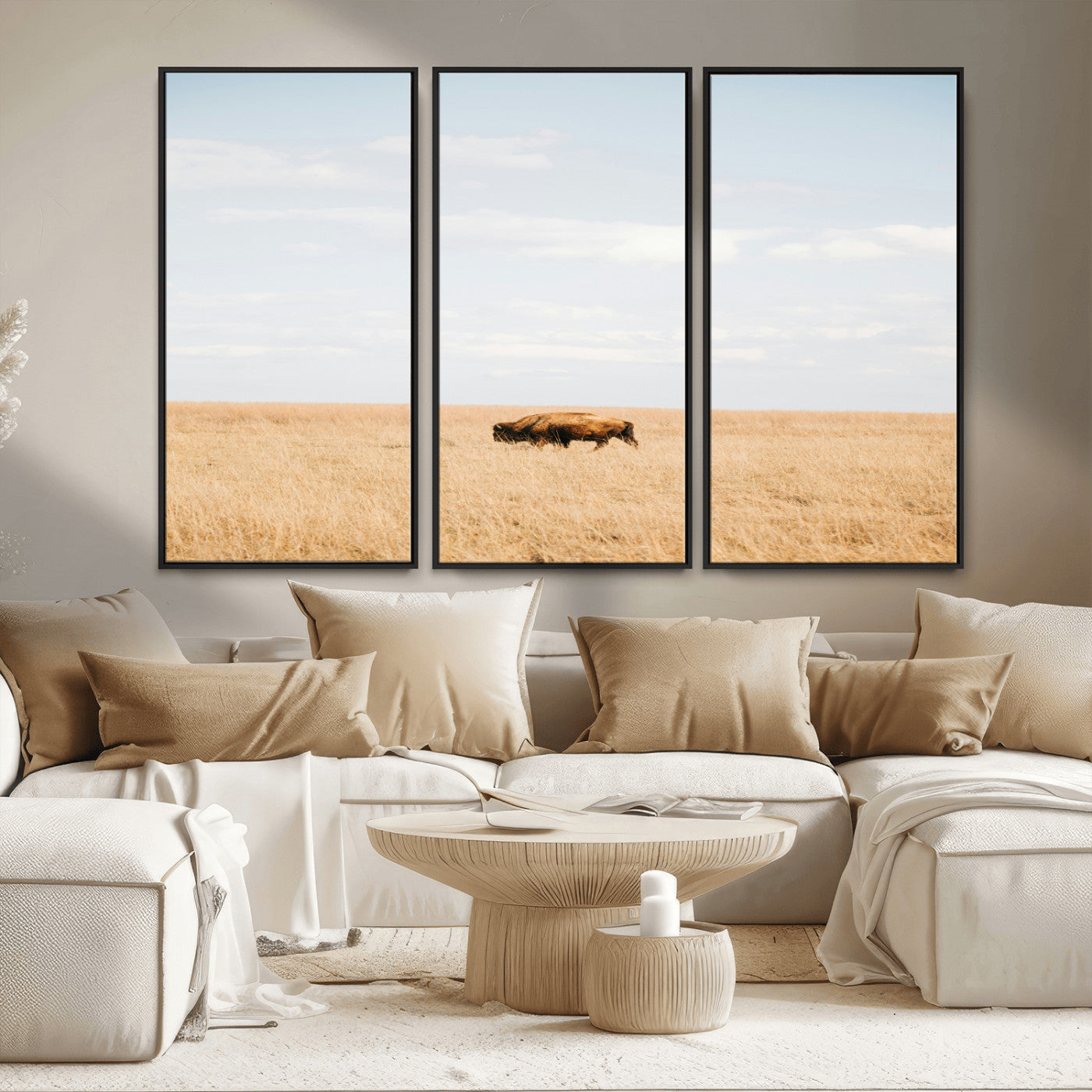 MGV-FC-48X32-3P - Minimalist Nature Wall Art Canvas Print, Framed Bison In Grassland Art Picture Print, Open Field Perfect Modern Ranch Decor Decor Artwork