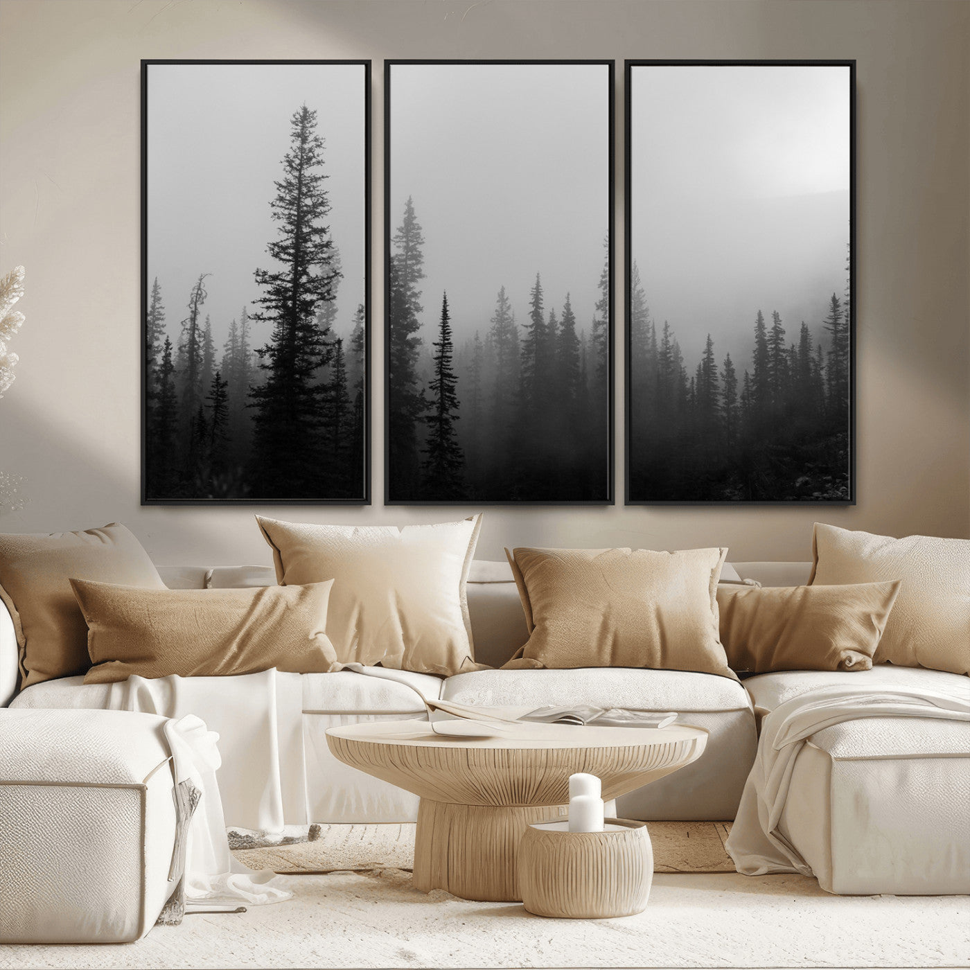 MGV-FC-48X32-3P - Misty Pines Wall Art Canvas Print, Framed Woodland Photography Art Picture Print, Minimalist Decor Perfect Rustic Decor Artwork