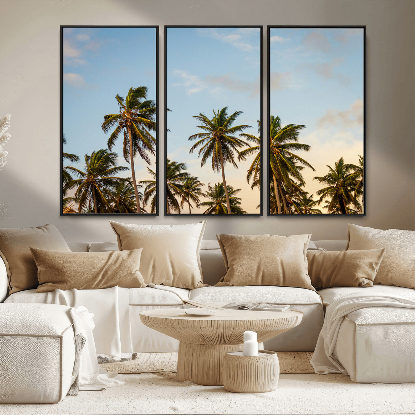 MGV-FC-48X32-3P - Palm Trees Wall Art Canvas Print, Framed Tropical Vibes Art Picture Print, Coastal Sunset Perfect Coastal Boho Decor Artwork