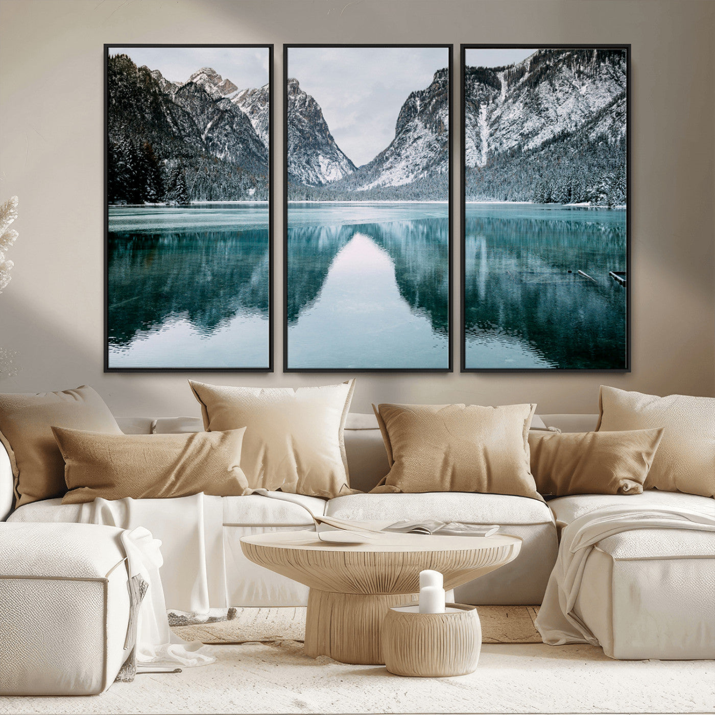 MGV-FC-48X32-3P - Mountain Lake Wall Art Canvas Print, Framed Wonderland Art Picture Print, Snowy Peaks Perfect Nature Decor Artwork