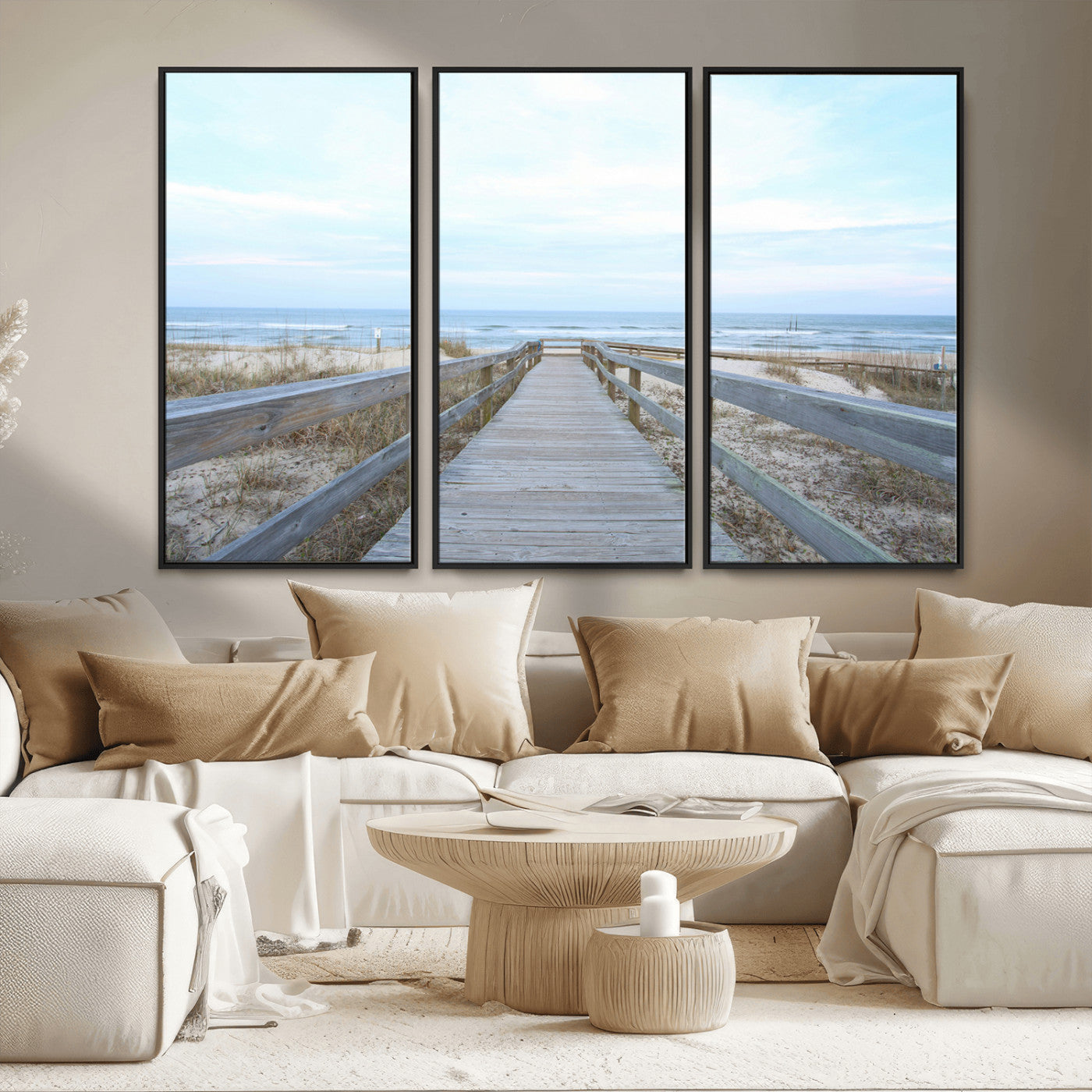 MGV-FC-48X32-3P - Beach Boardwalk Wall Art Canvas Print, Framed Coastal Serenity Art Picture Print, Ocean View Perfect Coastal Decor Artwork