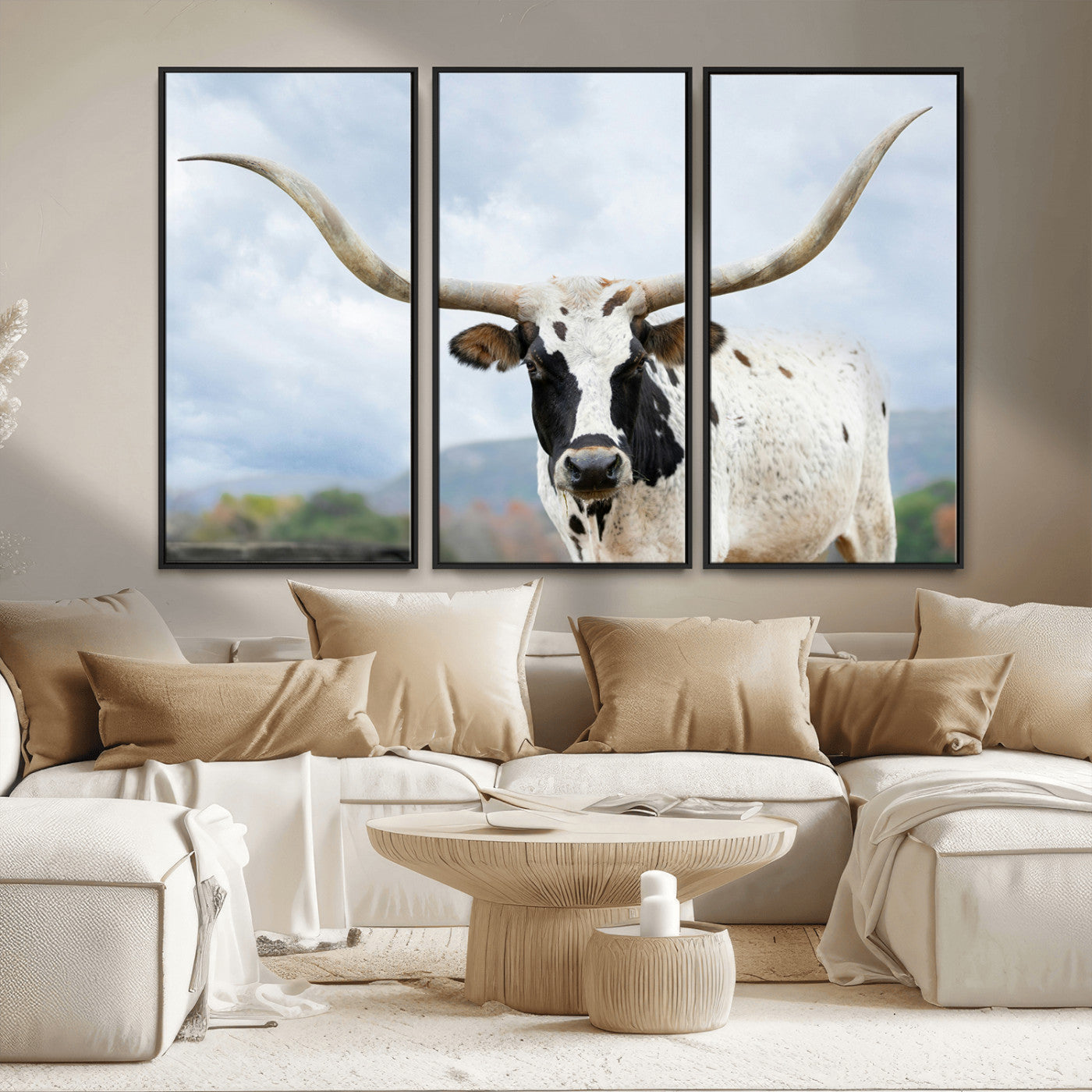 MGV-FC-48X32-3P - Texas Longhorn Wall Art Canvas Print, Framed Western Rustic Art Picture Print, Farmhouse Decor Perfect Farmhouse Decor Artwork