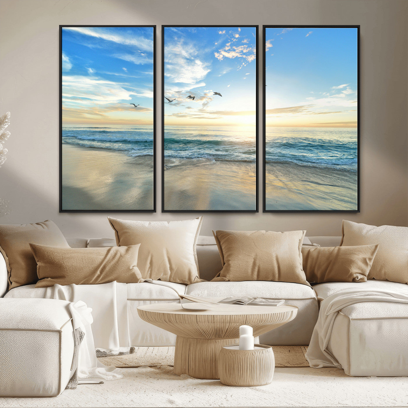 MGV-FC-48X32-3P - Minimalist Seaside Wall Art Canvas Print, Framed Morning Glow Art Picture Print, Golden Reflections Perfect Coastal Minimalist Decor Artwork
