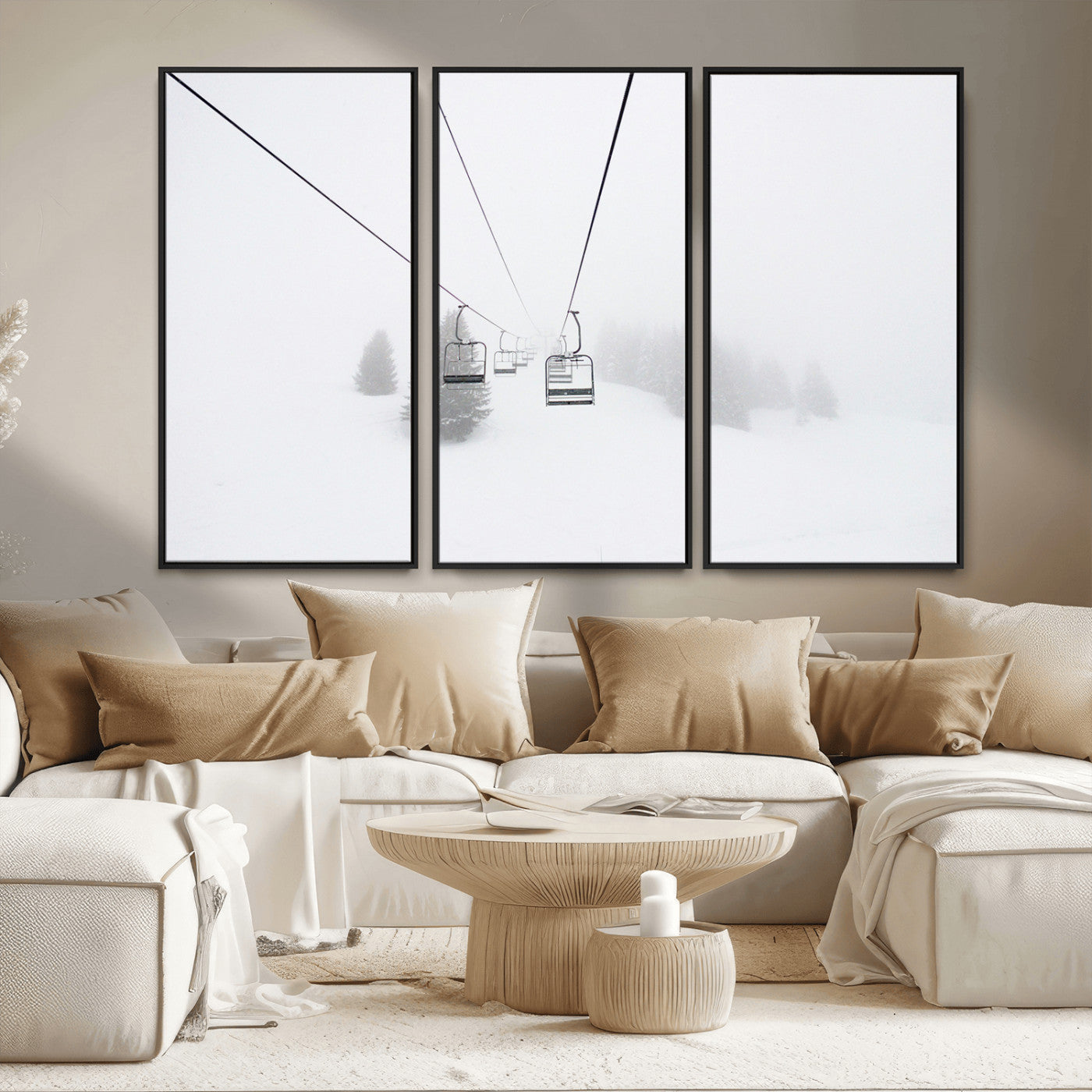 MGV-FC-48X32-3P - Ski Lift Wall Art Canvas Print, Framed Snowy Landscape Art Picture Print, Alpine Adventure Perfect Nordic Minimalist Decor Artwork