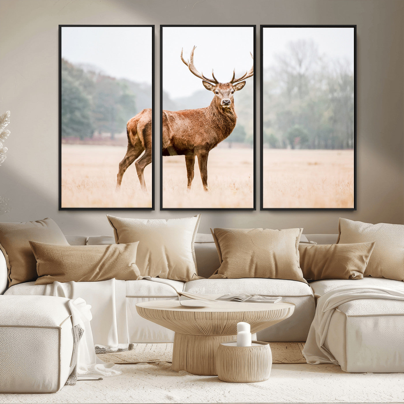MGV-FC-48X32-3P - Vintage Wildlife Art Wall Art Canvas Print, Framed Misty Landscape Art Picture Print, Deer Wall Art Perfect Rustic Wildlife Decor Artwork