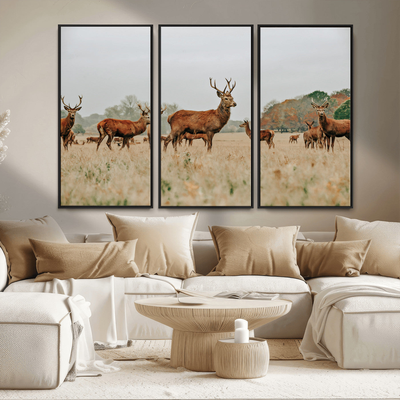 MGV-FC-48X32-3P - Rustic Deer Print Wall Art Canvas Print, Framed Autumn Nature Canvas Art Picture Print, Wildlife Art Print Perfect Rustic Wildlife Decor Artwork