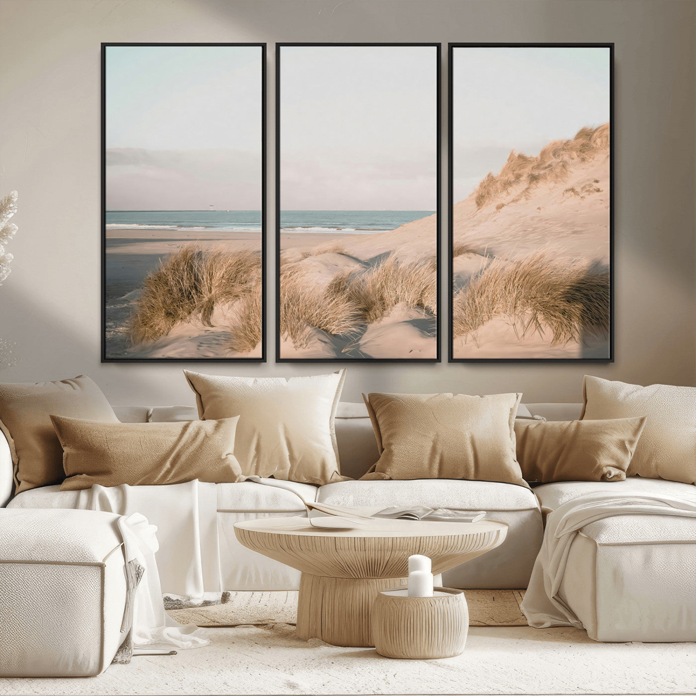 MGV-FC-48X32-3P - Beach Landscape Wall Art Canvas Print, Framed Sand Dune Photography Art Picture Print, Minimalist Seascape Perfect Coastal & Minimalist Decor Artwork