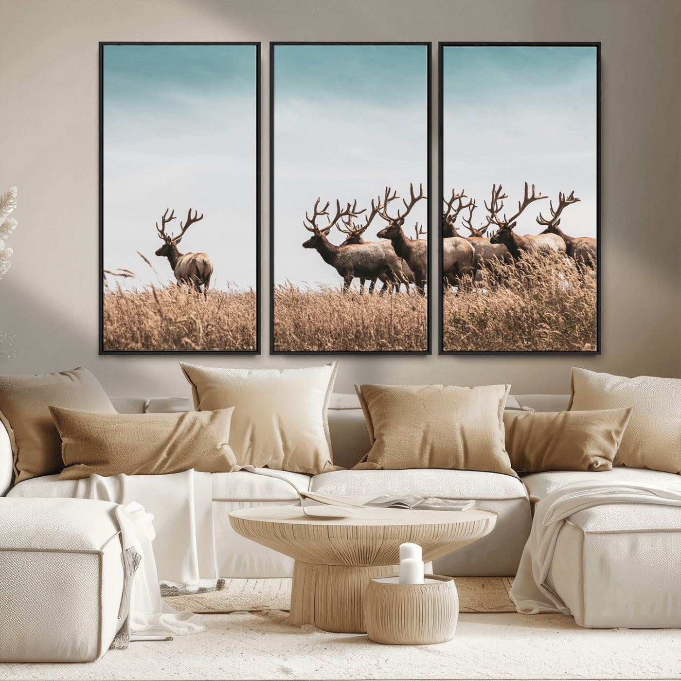 MGV-FC-48X32-3P - Elk Herd Wall Art Canvas Print, Framed Wildlife Photography Art Picture Print, Rustic Nature Print Perfect Rustic Wildlife Decor Artwork