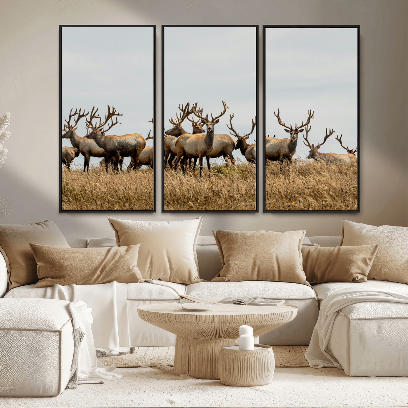 MGV-FC-48X32-3P - Elk Herd Wall Art Canvas Print, Framed Wildlife Photography Art Picture Print, Majestic Antlers Perfect Rustic Wildlife Decor Artwork