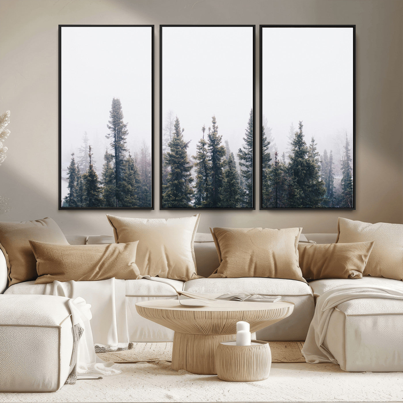 MGV-FC-48X32-3P - Foggy Forest Wall Art Canvas Print, Framed Misty Pines Art Picture Print, Moody Woodland Perfect Scandinavian Minimalist Decor Artwork