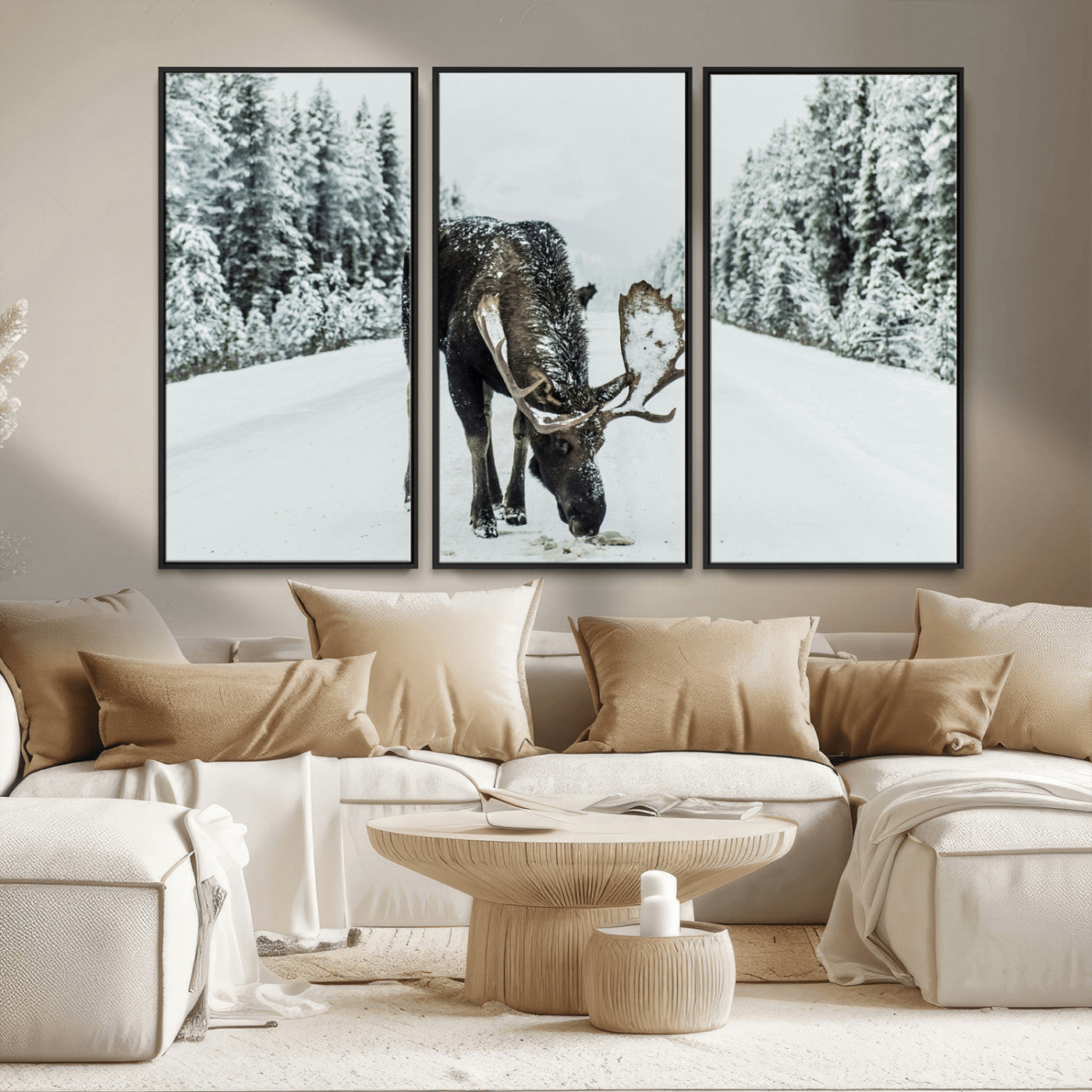 MGV-FC-48X32-3P - Moose in Snow Wall Art Canvas Print, Framed Winter Wildlife Art Picture Print, Snowy Forest Scene Perfect Rustic Lodge Decor Artwork