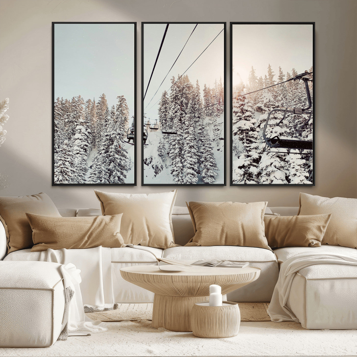 MGV-FC-48X32-3P - Frosty Pines Wall Art Canvas Print, Framed Cozy Cabin View Art Picture Print, Ski Lift Ride Perfect Rustic Lodge Decor Artwork