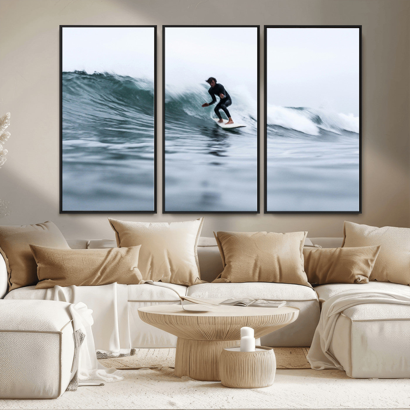 MGV-FC-48X32-3P - Surfer on Wave Wall Art Canvas Print, Framed Ocean Adventure Art Picture Print, Motion Blur Water Perfect Coastal Adventure Decor Artwork
