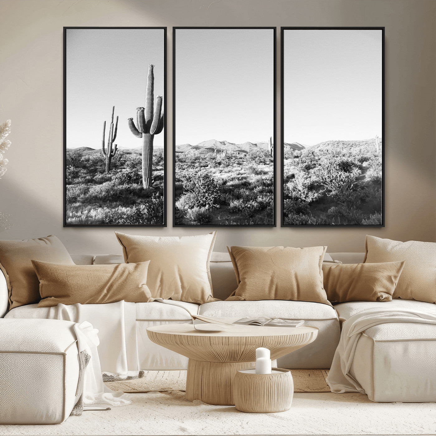 MGV-FC-48X32-3P - Saguaro Cactus Wall Art Canvas Print, Framed Monochrome Landscape Art Picture Print, Scenic Arizona View Perfect Minimalist Western Decor Artwork