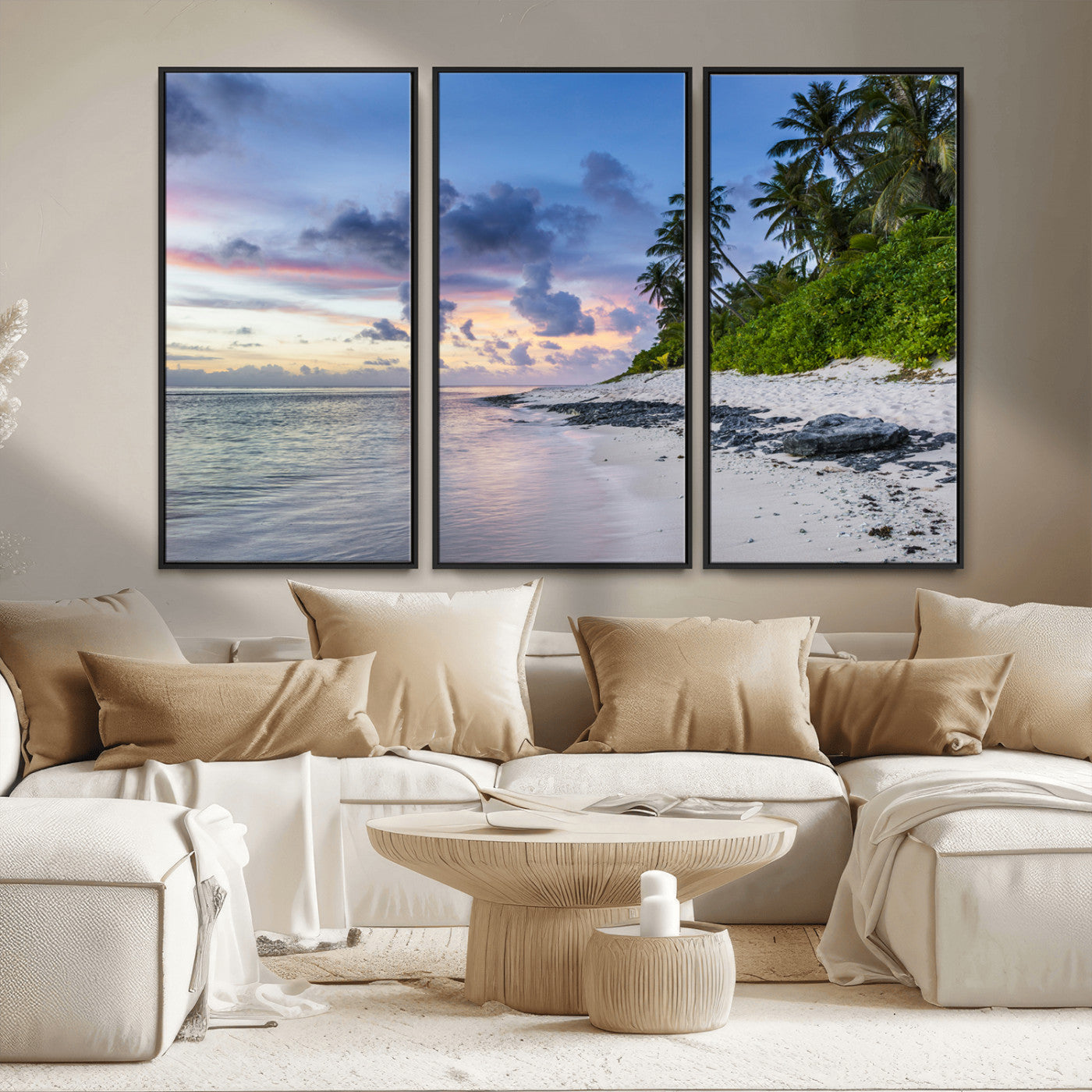 MGV-FC-48X32-3P - Tropical Beach Wall Art Canvas Print, Framed Sunset Glow Art Picture Print, Palm Tree Coast Perfect Tropical Coastal Decor Artwork