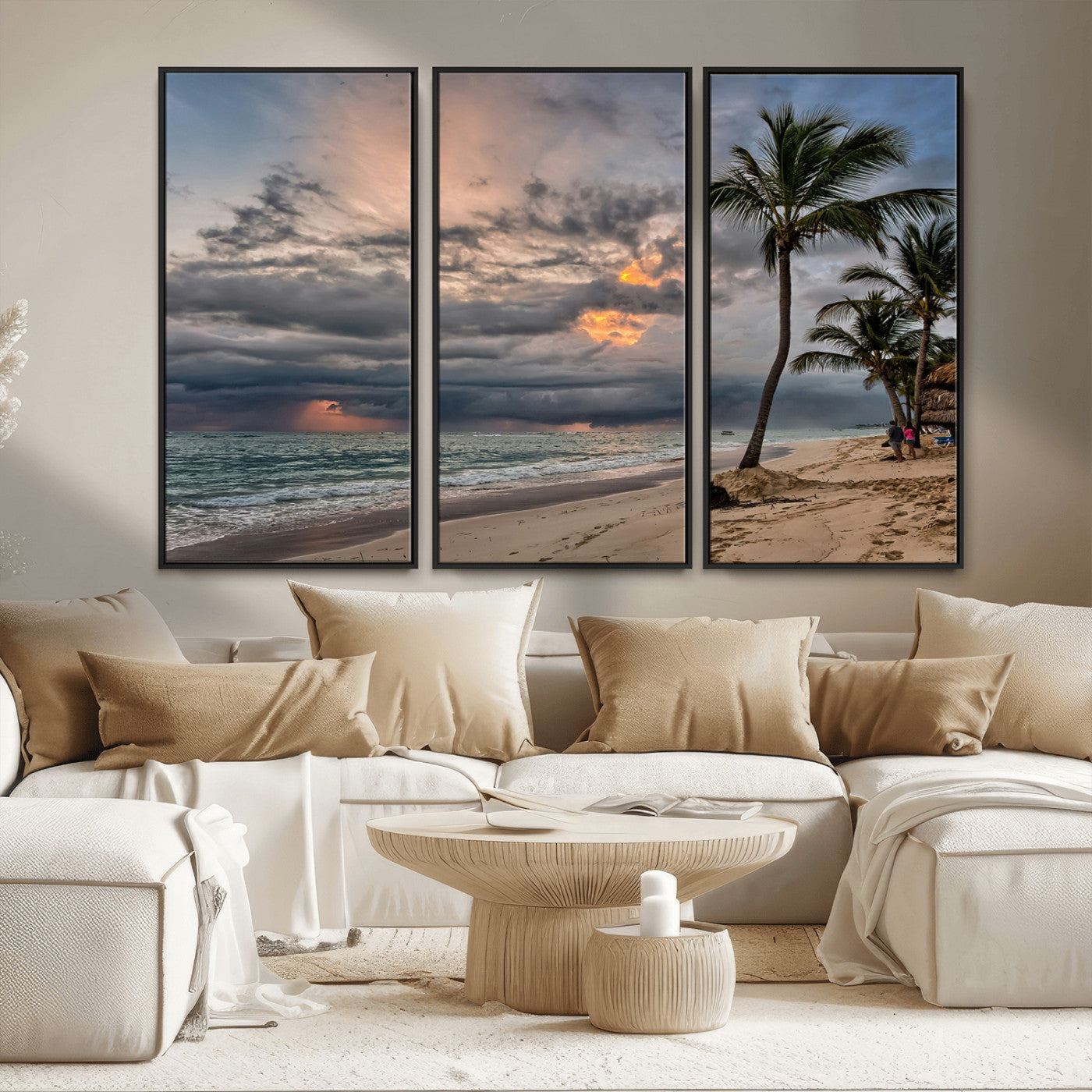 MGV-FC-48X32-3P - Tropical Storm Wall Art Canvas Print, Framed Moody Beach Art Picture Print, Dramatic Sky Perfect Tropical Coastal Decor Artwork