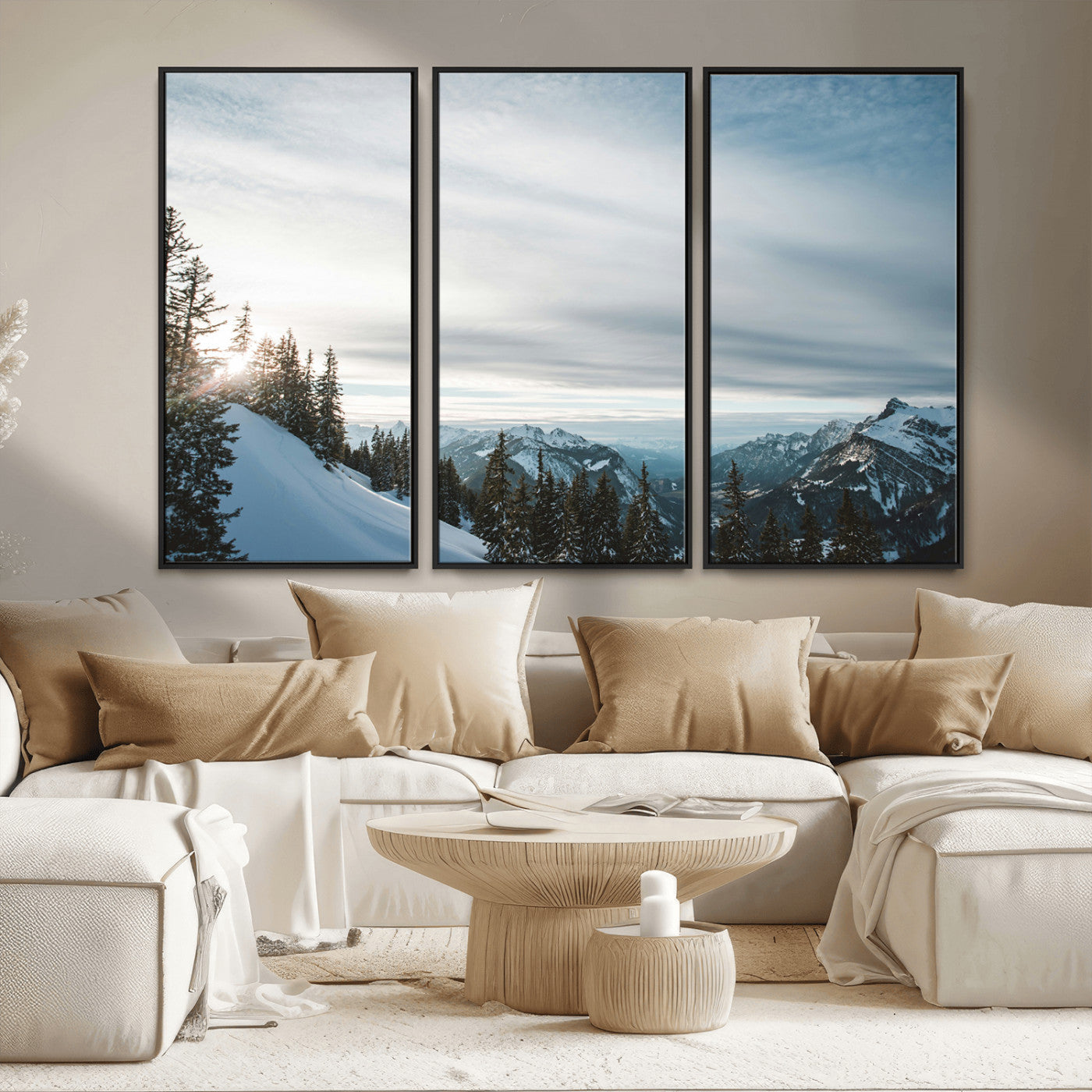 MGV-FC-48X32-3P - Snowy Mountains Wall Art Canvas Print, Framed Alpine Landscape Art Picture Print, Frosty Peaks Perfect Nordic Minimalist Decor Artwork