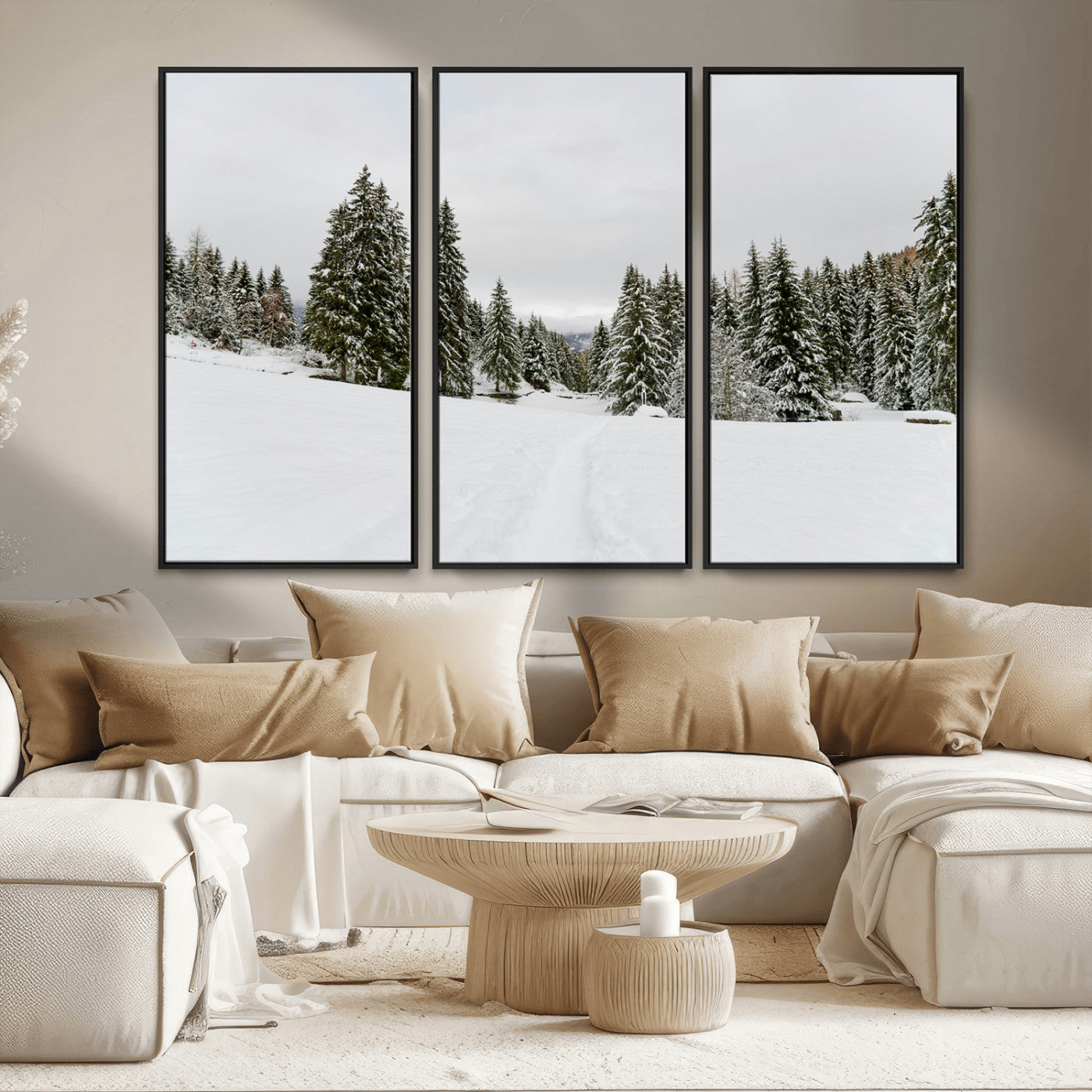 MGV-FC-48X32-3P - Frosty Pines Wall Art Canvas Print, Framed Silent Snowfall Art Picture Print, Cozy Cabin Vibes Perfect Nordic Minimalist Decor Artwork